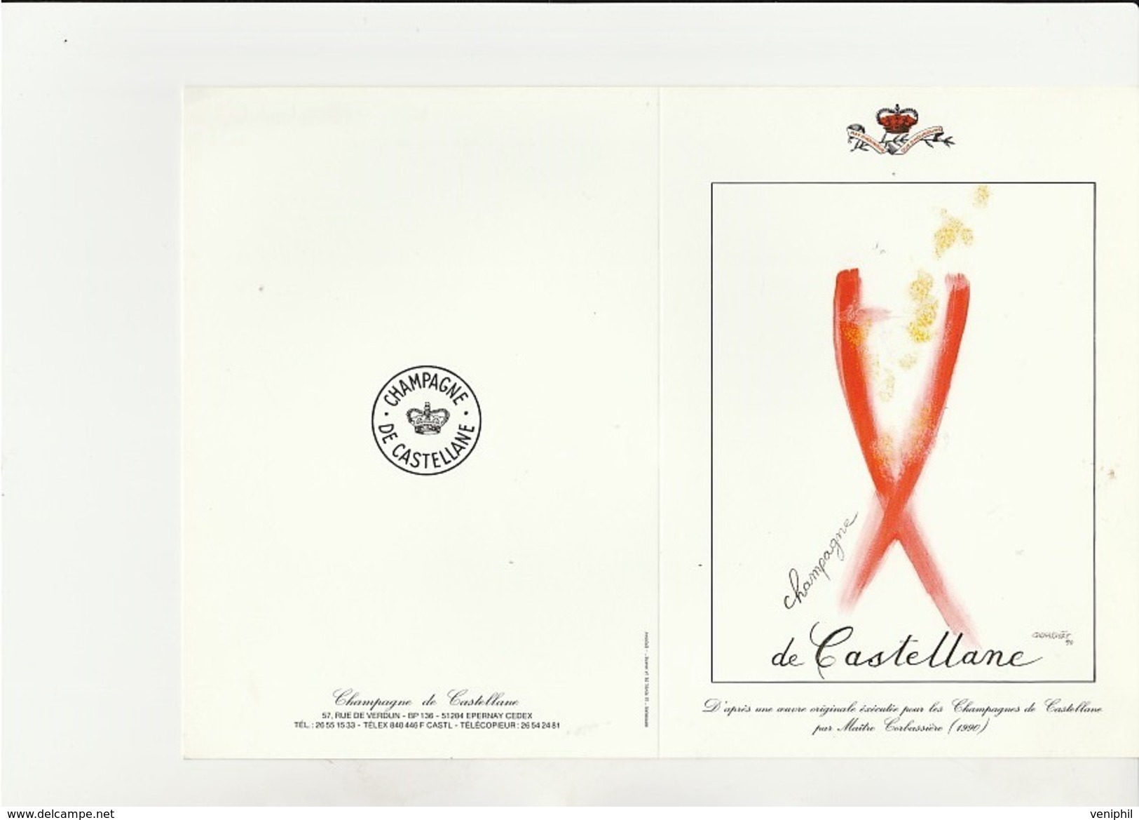 MENU ILLUSTRE  CHAMPAGNE DE CASTELLANE- ANNEE 1990 -ILLUSTRE PAR MAITRE CORBASSIERE. - Menus