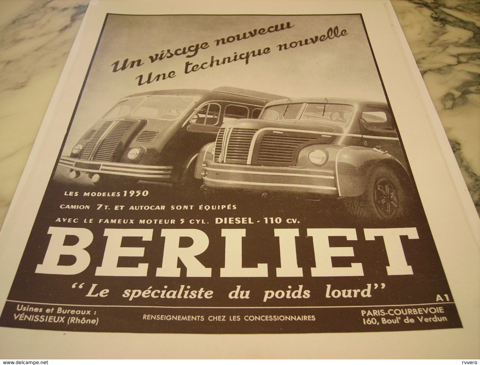 ANCIENNE PUBLICITE CAMION BERLIET 1949 - Trucks