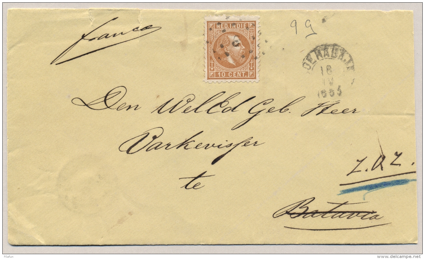 Nederlands Indië - 1883 - 10 Cent Willem III Tanding 11,5x12 Op Cover Van Soerabaja, Retour Met Postale Bemerkingen - Nederlands-Indië