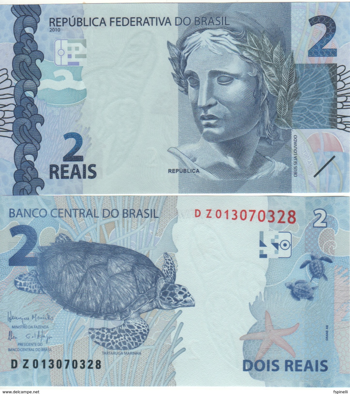 BRAZIL   New  2 Reais   PNew    Printer's Name At Back "CRANE AB"    Turtles - Brésil