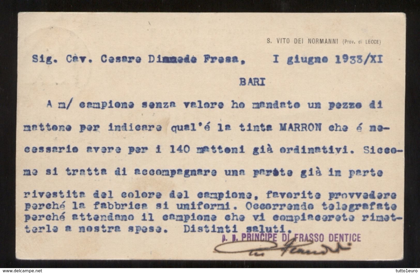 SAN VITO DEI NORMANNI - BRINDISI - 1933 - CARTOLINA INTESTATA - PRINCIPE DI FRASSO - DENTICE - Brindisi