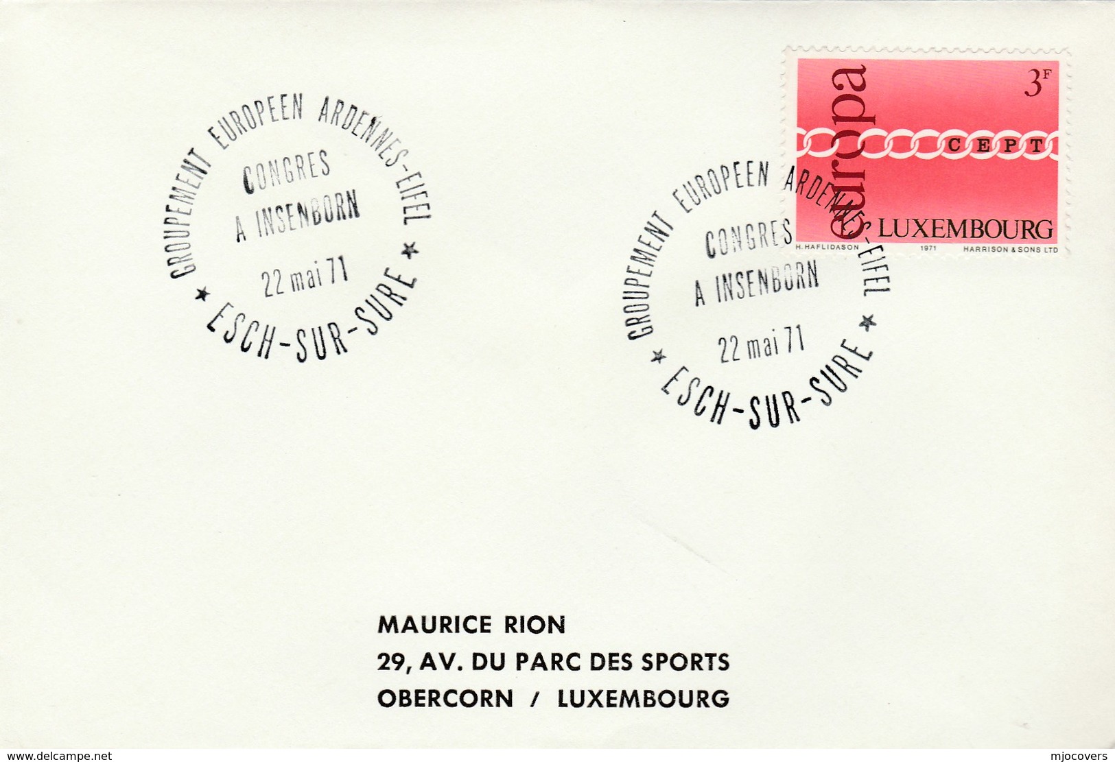 1971 ARDENNES EIFEL EUROPEAN CONGRESS EVENT COVER Insenborn Luxembourg Stamps EUROPA - 1971