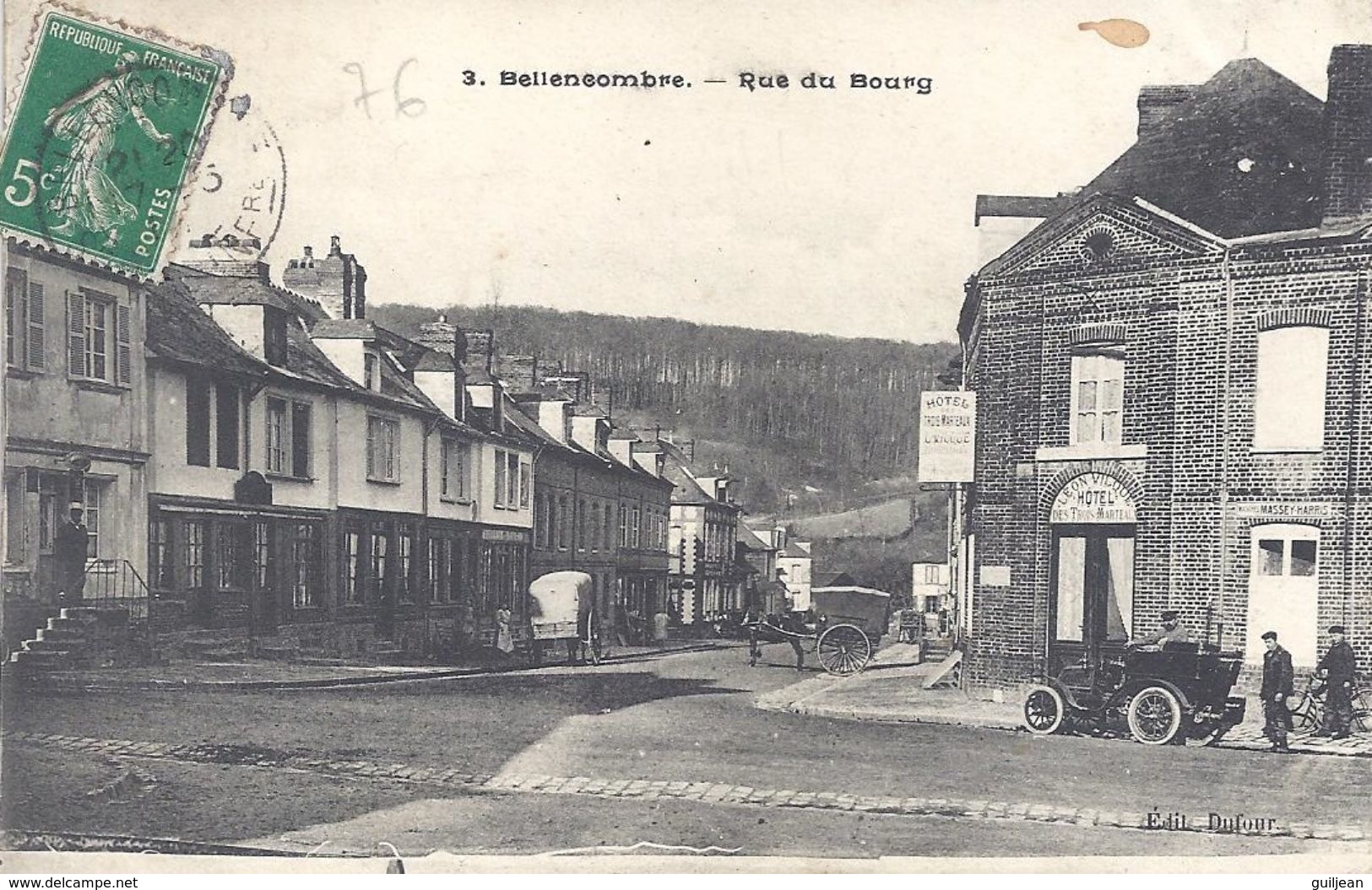 76 - BELLENCOMBRE - 3 - Rue Du Bourg - Attelages Et Automobile - Circulé 1914 - Bellencombre