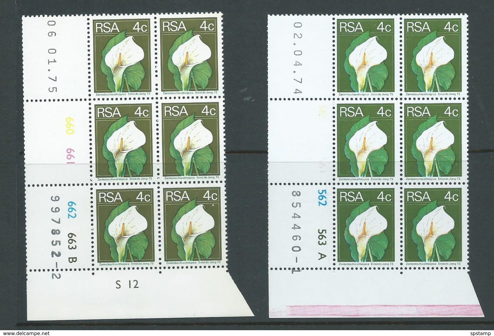 South Africa 1974 4c Lily Marginal Blocks Of 6 X 2 , Different Shades , 1 With Variety - Unused Stamps