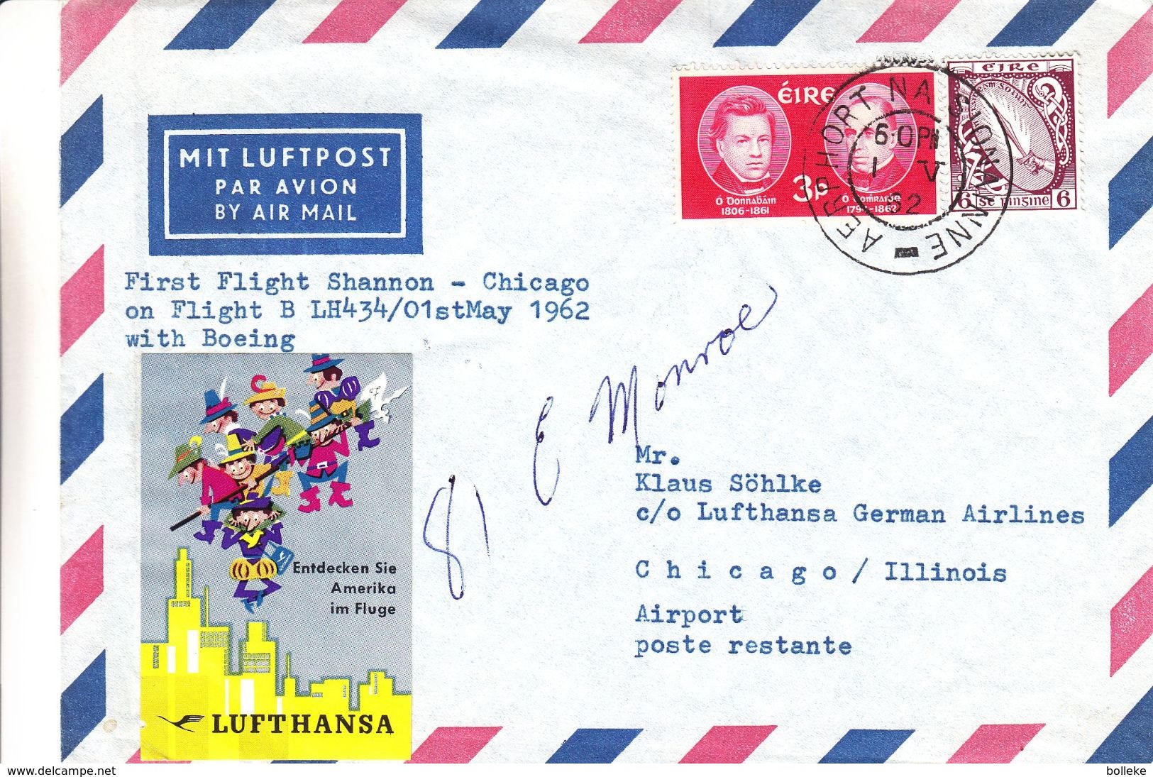 Irlande - Lettre De 1962 - 1er Vol En Boeing Shannon Chicago - Oblit Aéroport Na Sionainne - - Covers & Documents