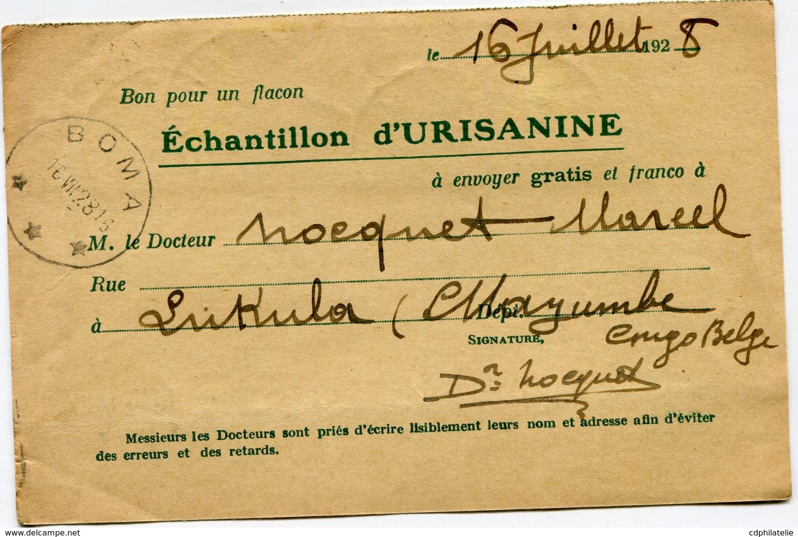 CONGO BELGE CARTE POSTALE BON POUR UN FLACON ECHANTILLON D'URISANINE DEPART LUKULA 16 VII 28  POUR LA FRANCE - Cartas & Documentos