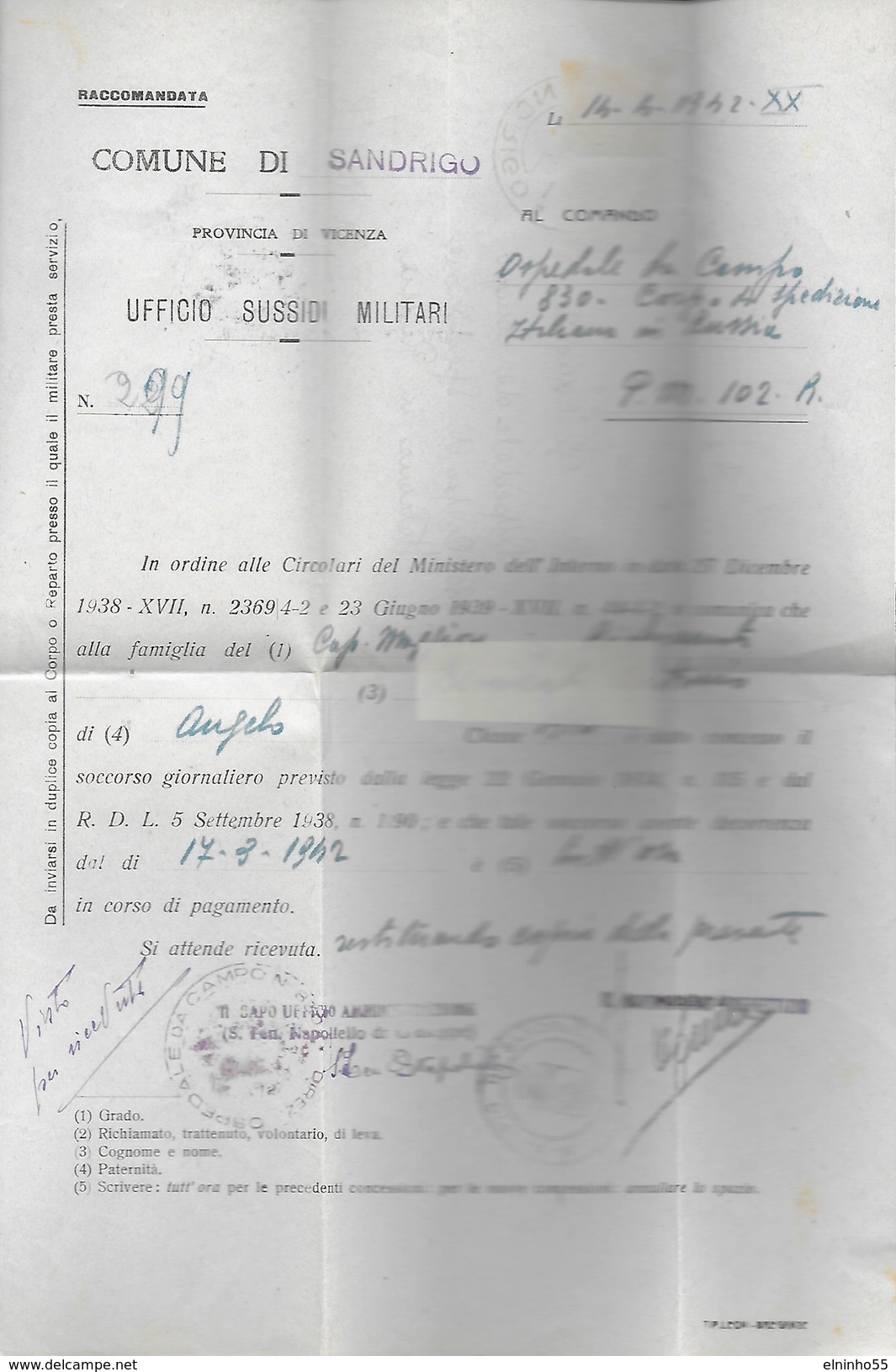 WWII  1942  Ospedale Da Campo 830 - Posta Militare 102 - Russia - Da Sandrigo Italia - Guerre 1939-45