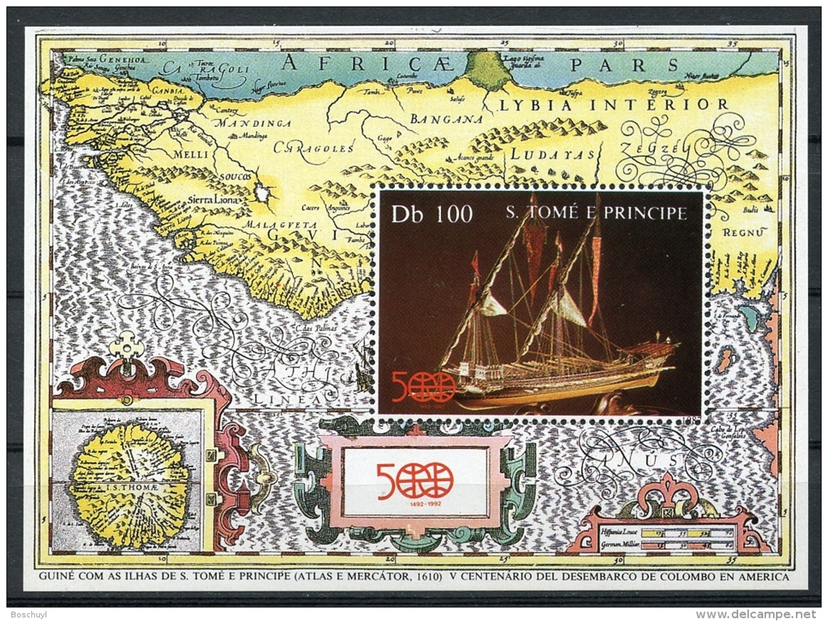 Sao Tome E Principe, 1987, Discovery Of America, Columbus, Ship, Map, MNH Sheet, Michel Block 172 - Sao Tome Et Principe