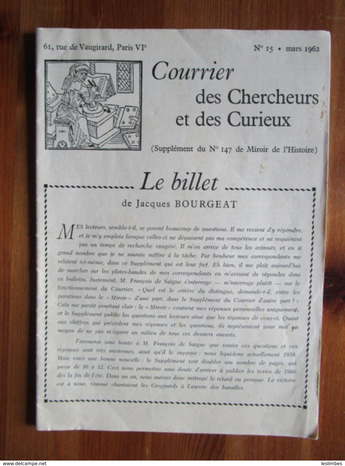 Revue - COURRIER DES CHERCHEURS ET DES CURIEUX N° 15, Mars 1962 - Histoire