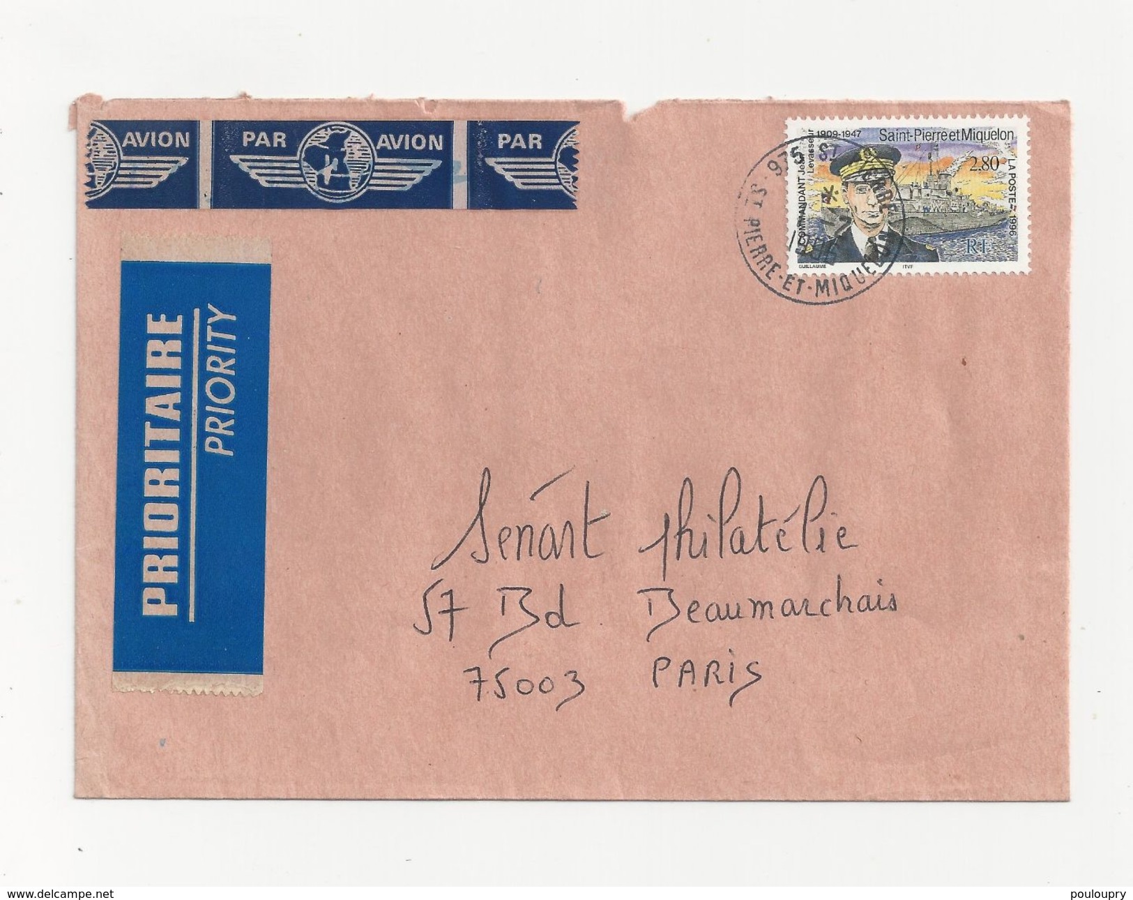 Lettre De Saint Pierre Et Miquelon Pour La France De 1996 - YT N° 624 - Commandant Levasseur - Bateau - Briefe U. Dokumente