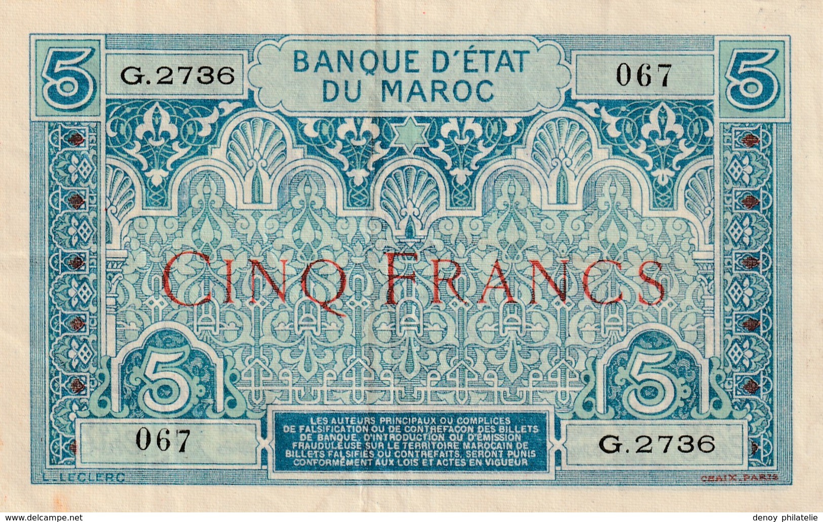 Billet 5 Francs Maroc Deuxieme Type Ref Muszynski 504d - Morocco