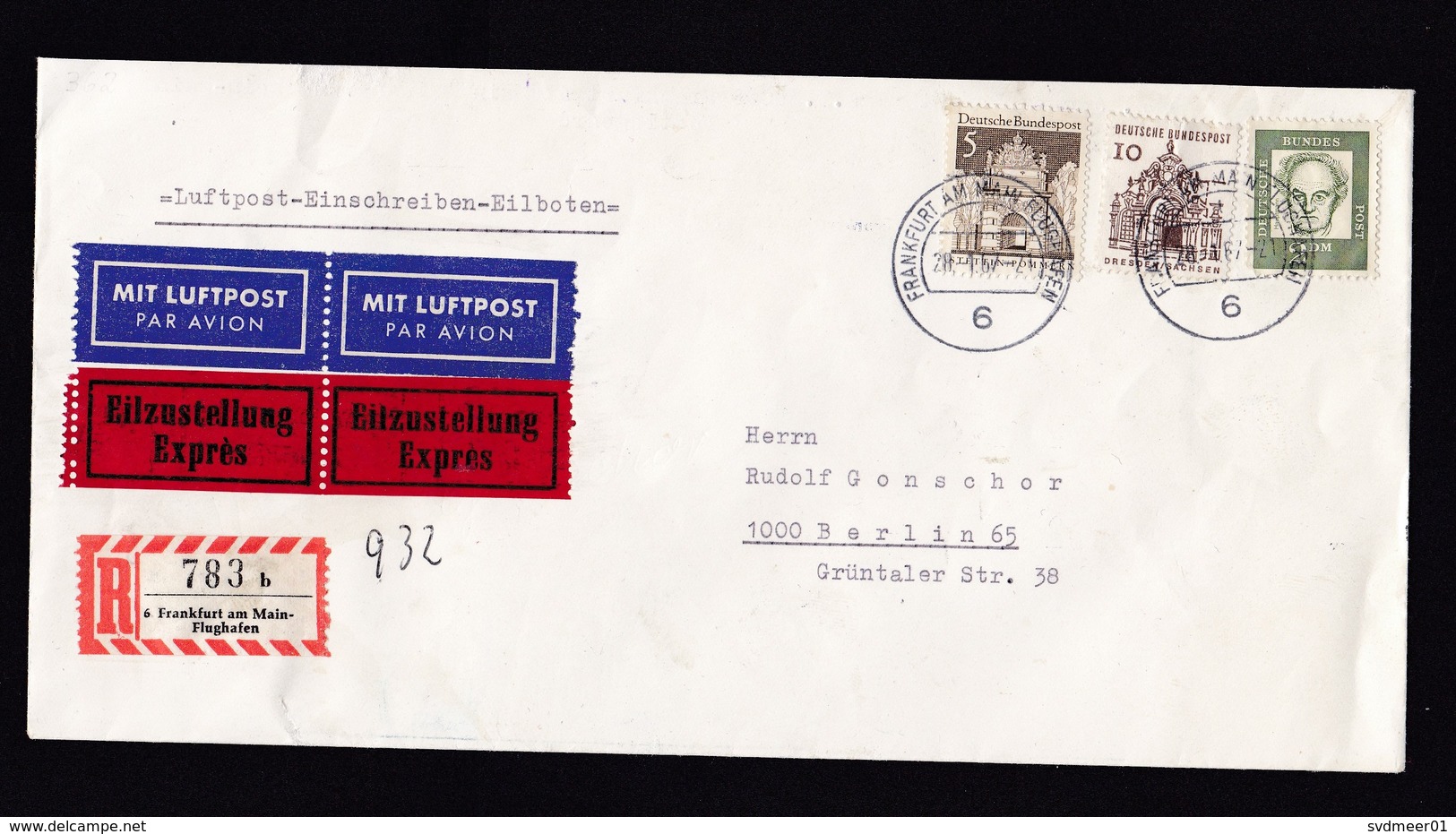 Germany: Registered Express Cover, 1967, 3 Stamps, Label, Airport Frankfurt, Flughafen, From Air France (minor Damage) - Brieven En Documenten