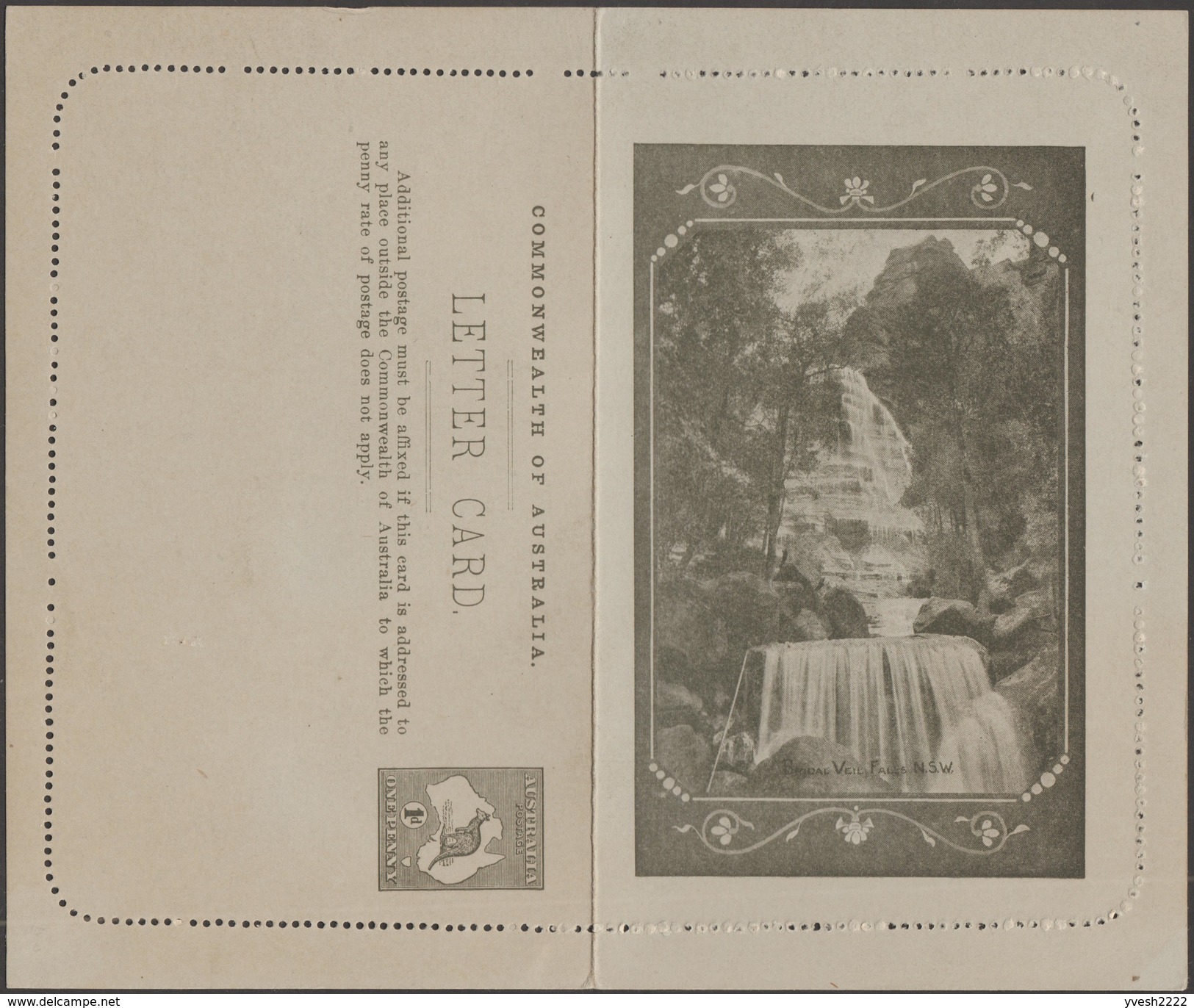 Australie 1911. Carte-lettre Officielle Illustrée, Timbrée 1 P « Kangourou ». Impression Brun-olive. Bridal Veil Falls - Autres & Non Classés