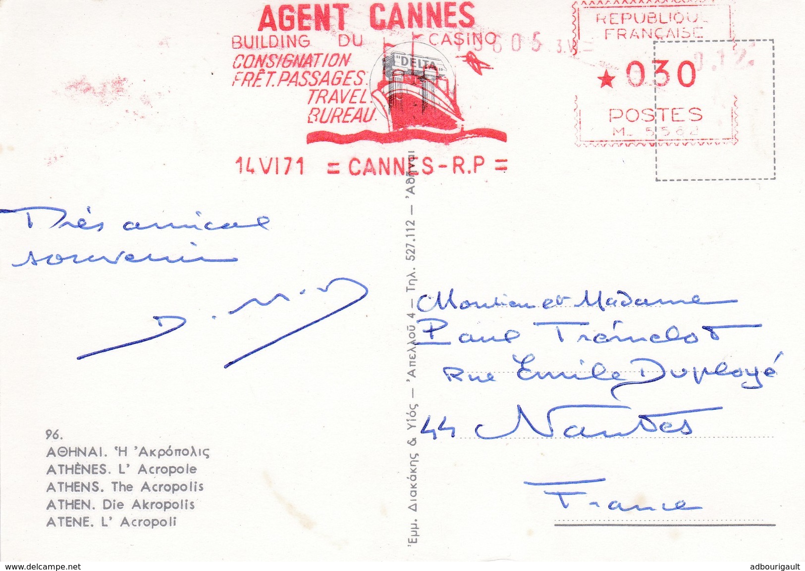 Agent Cannes Building Bateau Paquebot Mer Cannes Sur Carte Postale Athenes Grece - Affrancature Meccaniche Rosse (EMA)