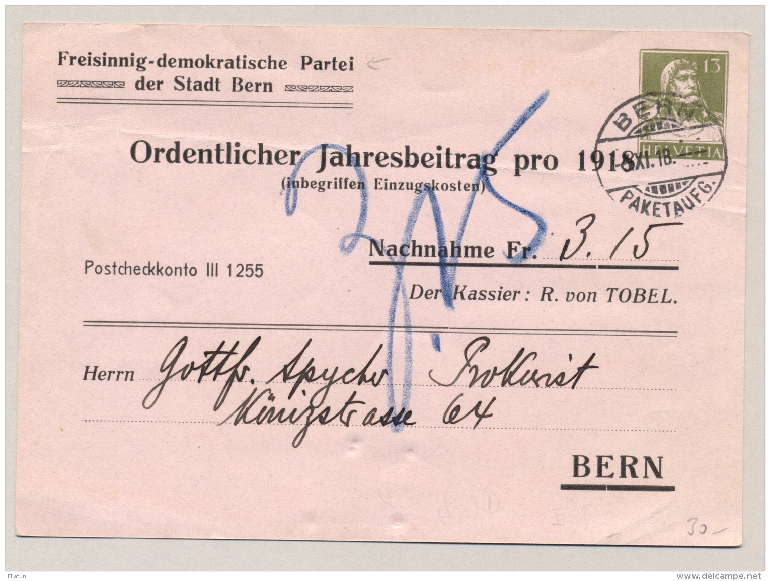 Schweiz - 1918 - 13c Tell Auf Privat Ganzsache Freisinnig-demokratische Partei Der Stadt Bern - Postwaardestukken