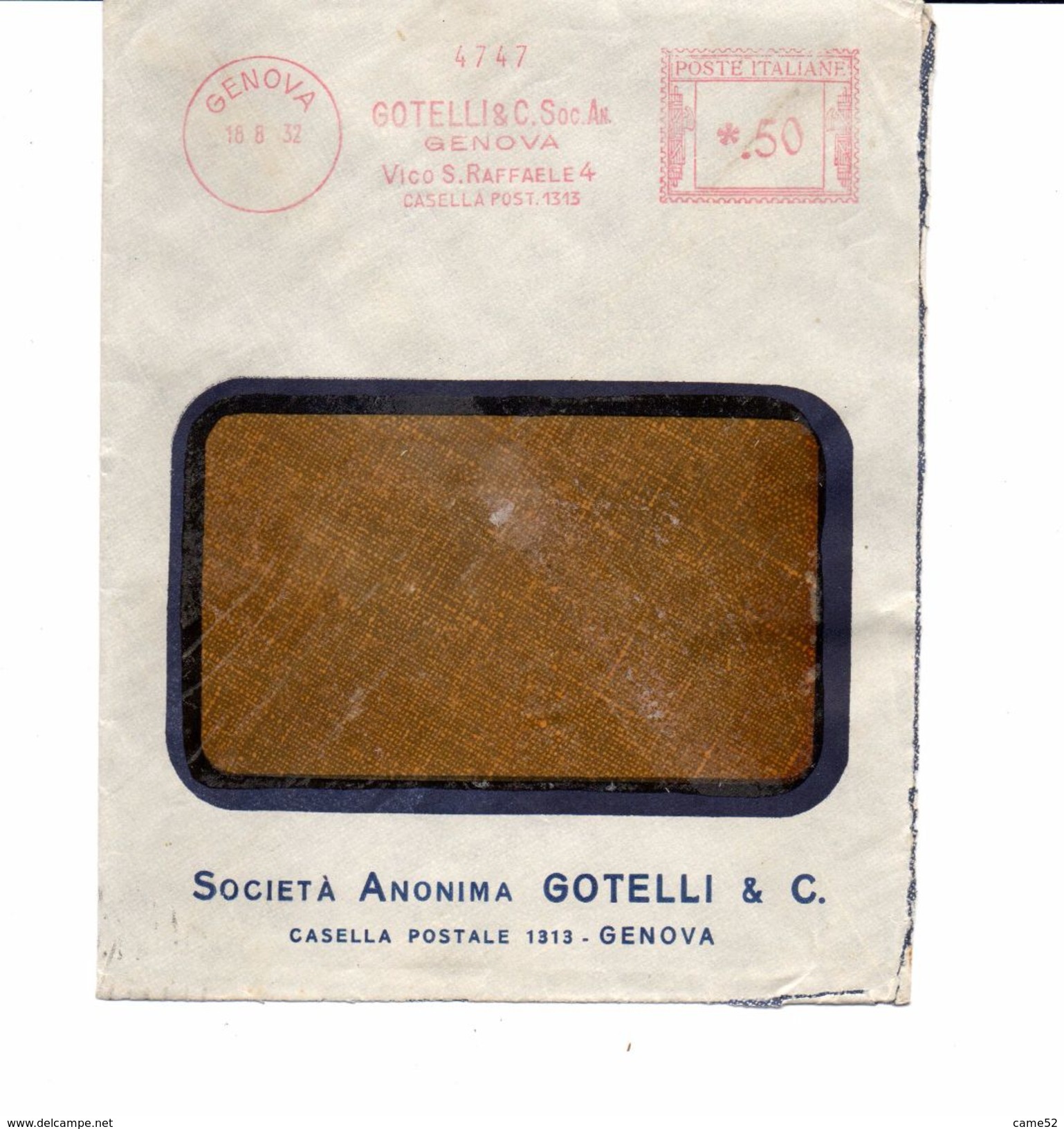 1932 Affrancatura Meccanica Rossa EMA Freistempel Gotelli & C Soc. An. Genova - Macchine Per Obliterare (EMA)
