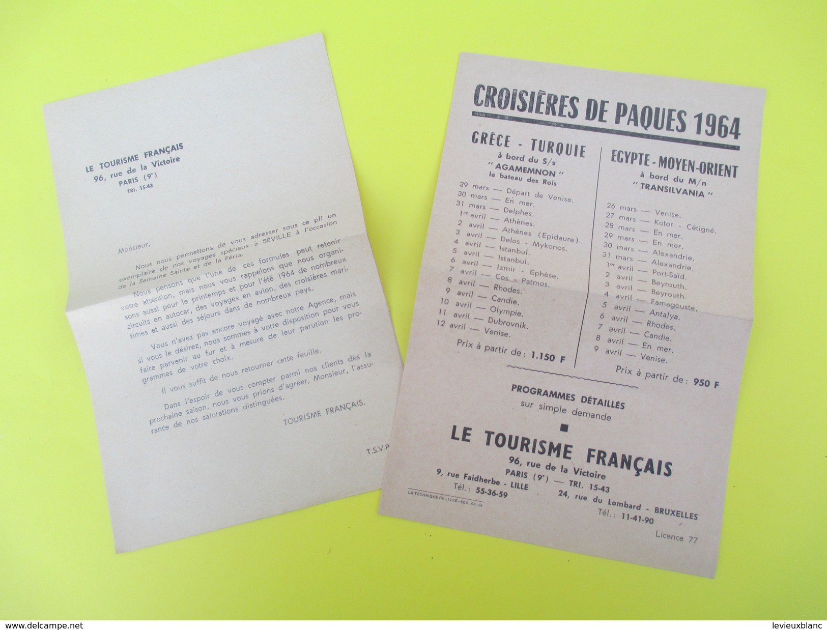 Le Tourisme Français/Papillons Publicitaires/Croisiéres De Pâques 1964/ Gréce-Turquie/Egypte-Moyen-Orient/1964   PGC152 - Other & Unclassified