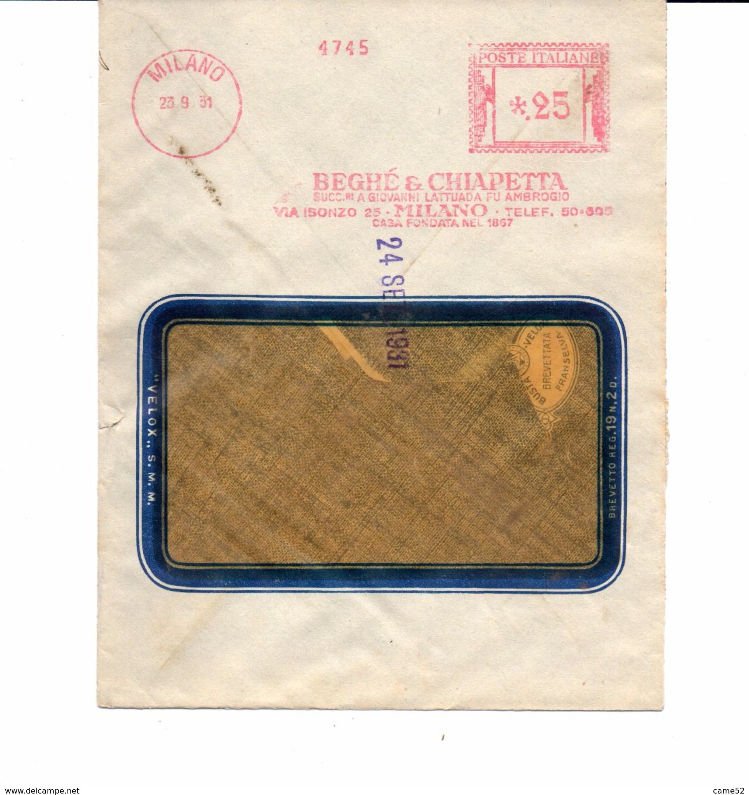 1931 Affrancatura Meccanica Rossa EMA Freistempel Beghé & Chiappetta Milano Fuochi Artificiali - Macchine Per Obliterare (EMA)