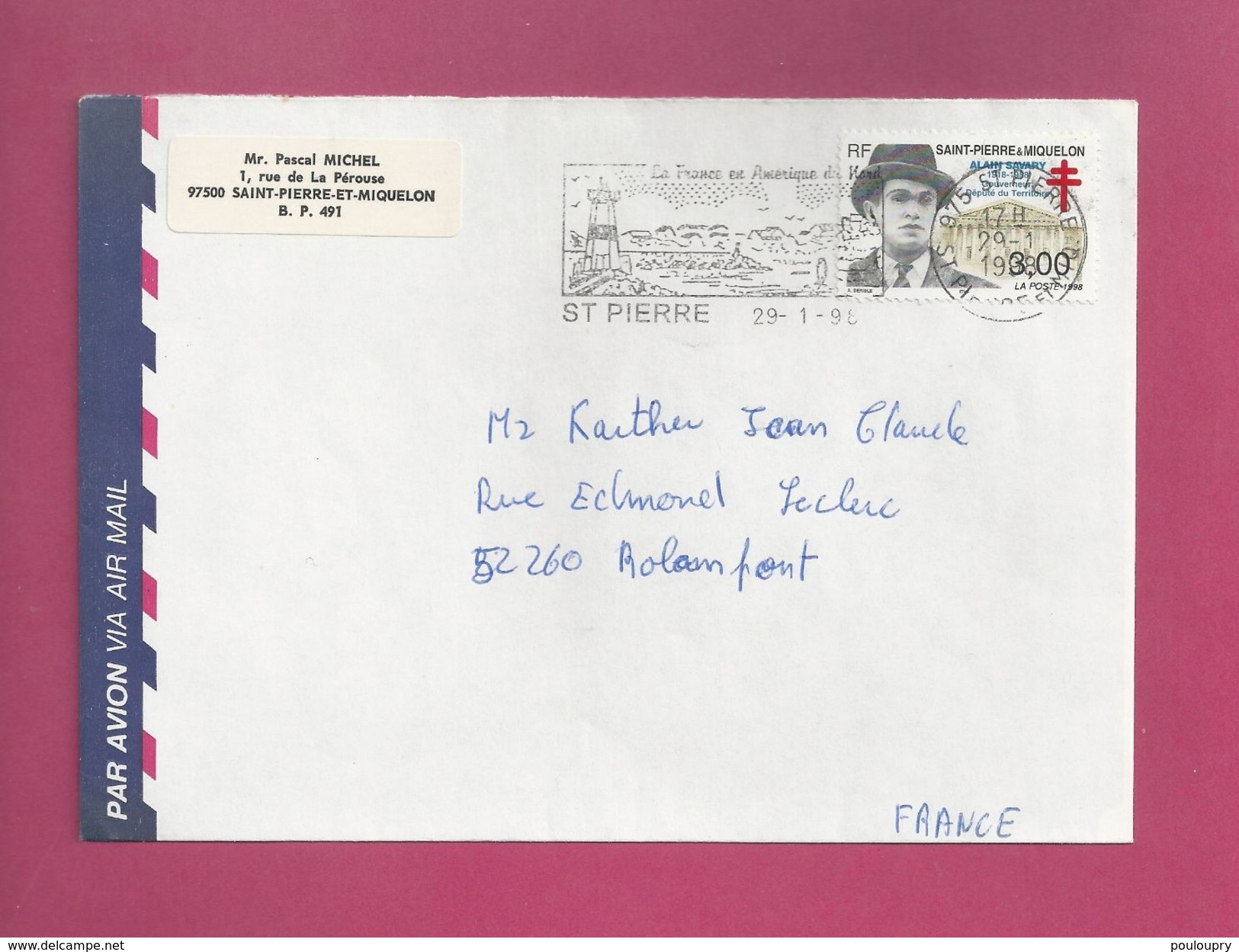 Lettre De Saint Pierre Et Miquelon Pour La France De 1998 - YT N° 669 - Savary - Croix De Lorraine - Assemblée Nationale - Briefe U. Dokumente