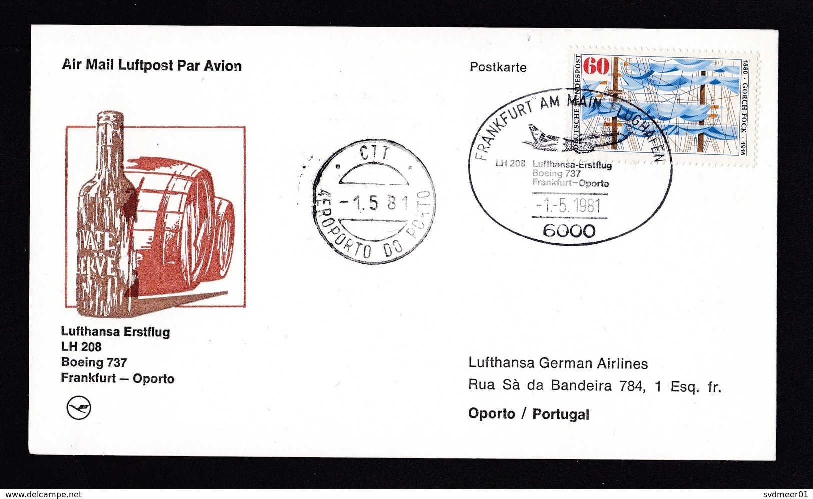 Germany: FFC First Flight Card, 1981, 1 Stamp, Lufthansa Boeing 737 Frankfurt-Porto Portugal (traces Of Use) - Brieven En Documenten
