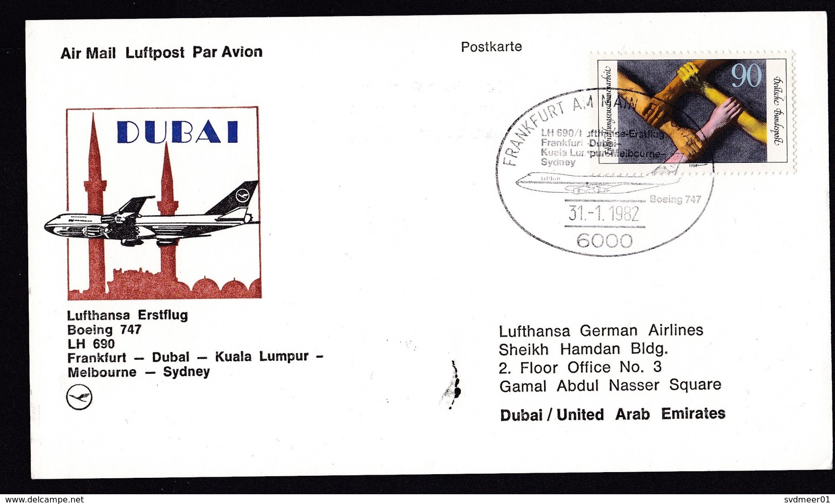 Germany: FFC First Flight Card, 1982, 1 Stamp, Lufthansa Boeing 747, Dubai-Kuala Lumpur-Melbourne-Sydney (traces Of Use) - Brieven En Documenten