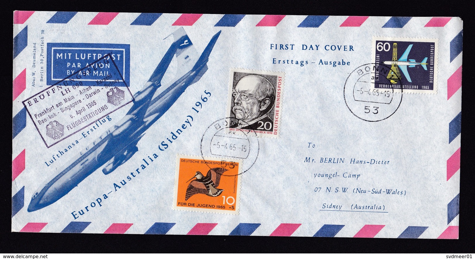 Germany: FFC First Flight Cover 1965, 3 Stamps, Lufthansa Athens-Karachi-Bangkok-Singapore-Darwin-Sydney (traces Of Use) - Brieven En Documenten