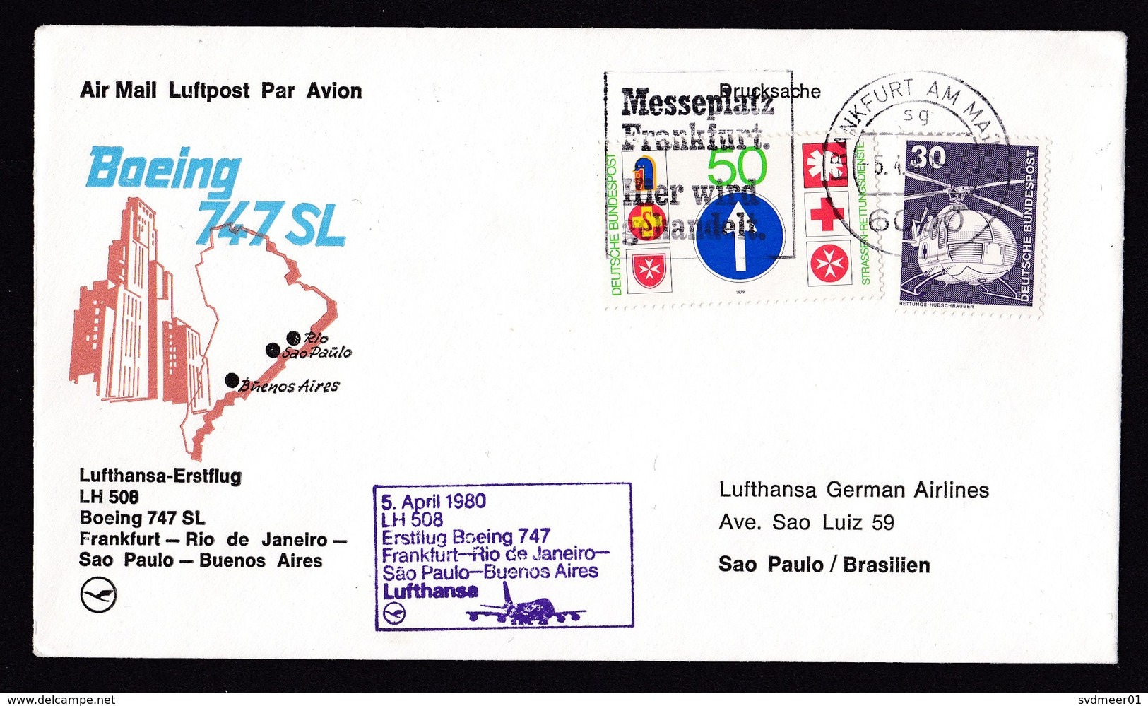 Germany: FFC First Flight Cover, 1980, 2 Stamps, Lufthansa Boeing 747 Rio Janeiro-Sao Paulo-Buenos Aires (traces Of Use) - Brieven En Documenten