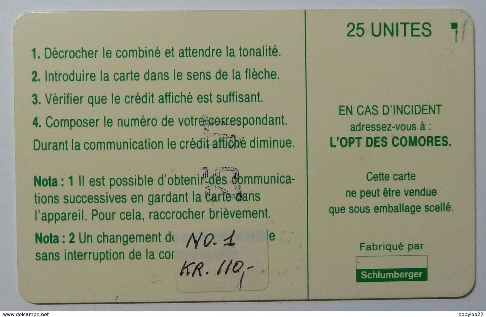 COMORES - Schlumberger - 1st Issue - OPT - No Control - 25 Units - Used - Comoren