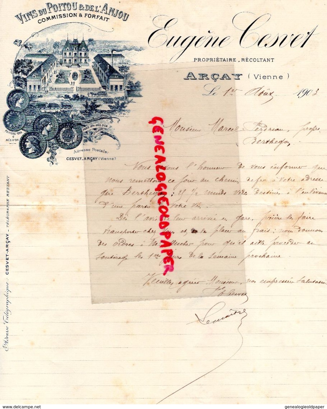 86- ARCAY - LETTRE MANUSCRITE SIGNEE EUGENE CESVET-VINS DU POITOU ANJOU- 1903 - Straßenhandel Und Kleingewerbe