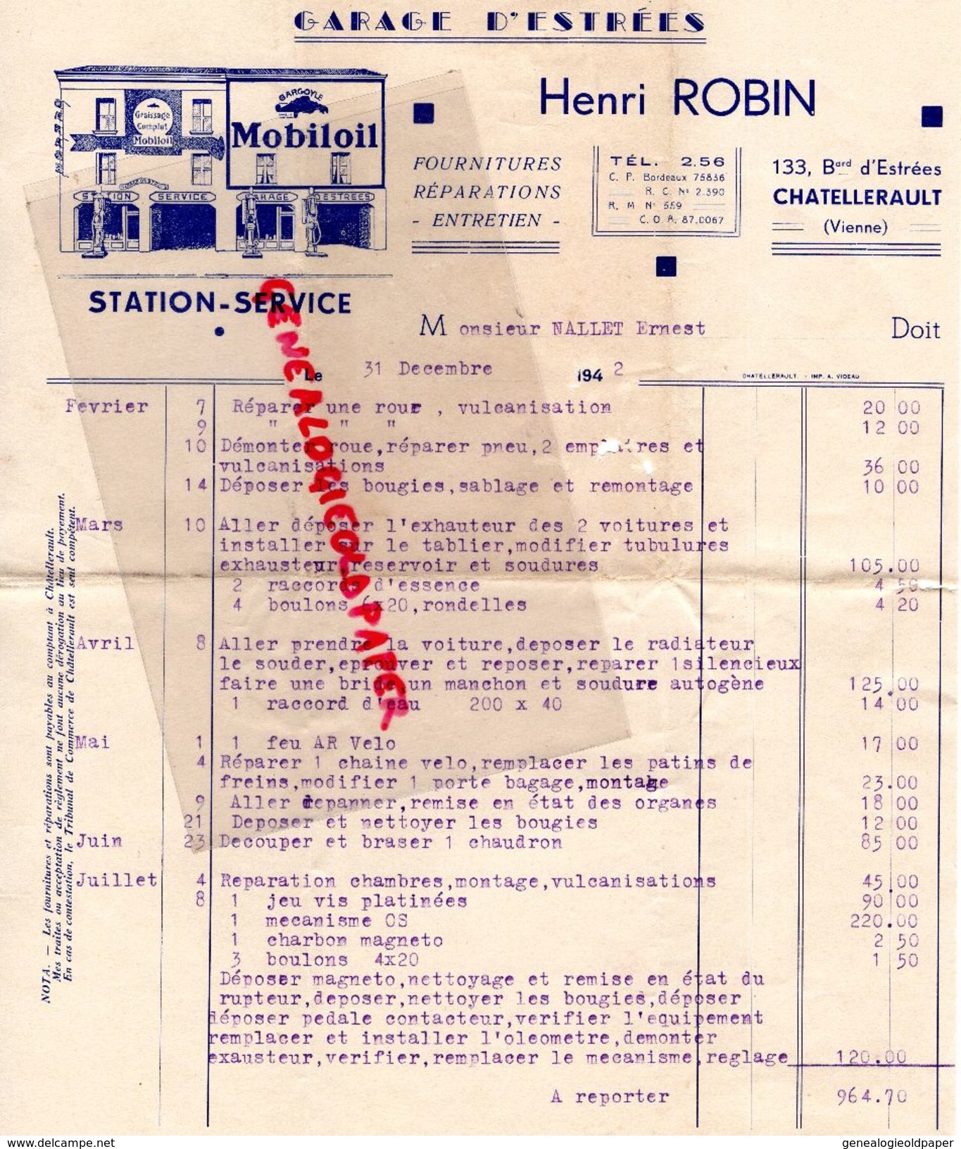 86- CHATELLERAULT- RARE  FACTURE HENRI ROBIN- GARAGE D' ESTREES-STATION SERVICE ESSENCE-MOBILOIL-133 BD ESTREES-1942 - Cars