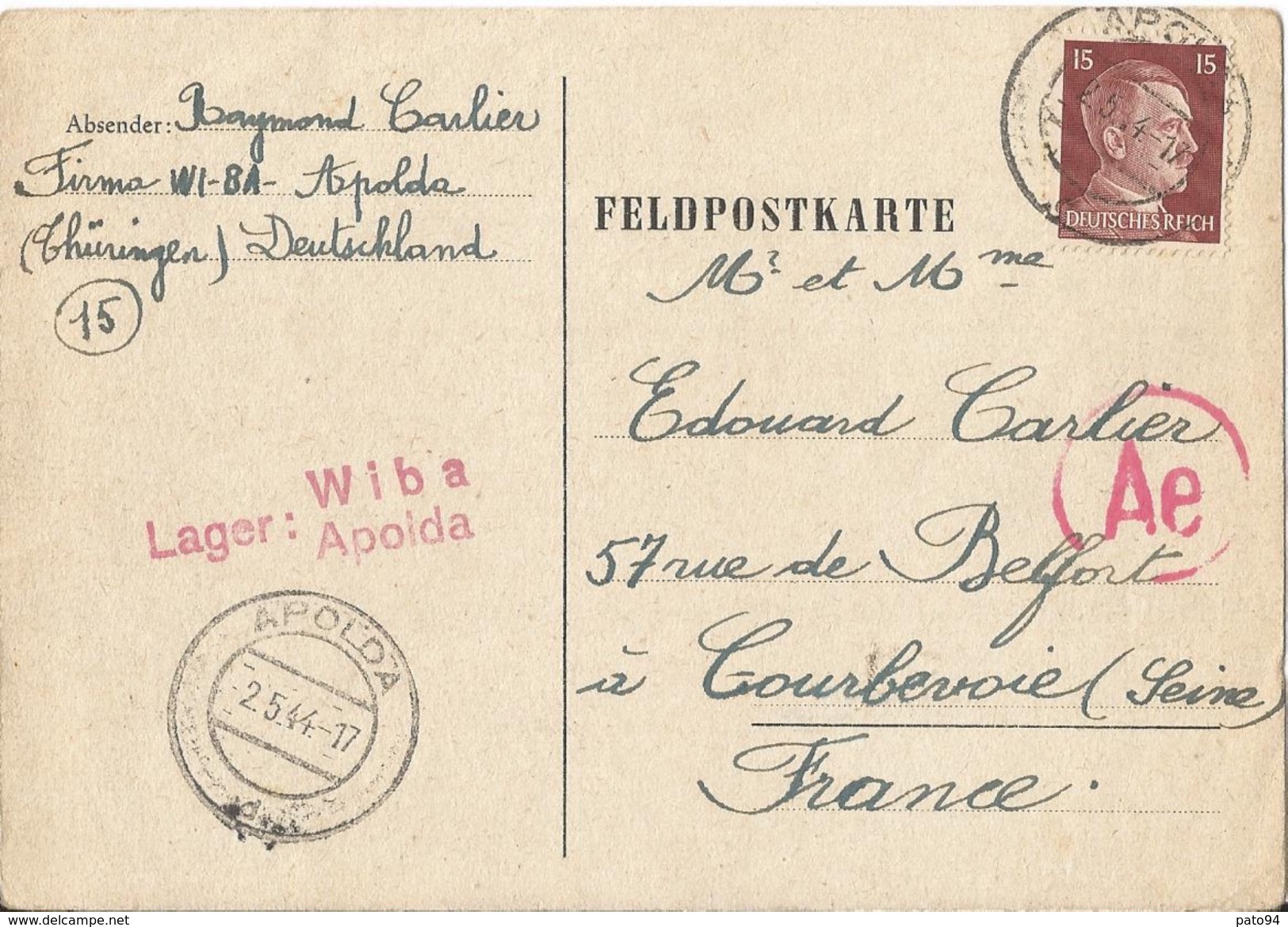 Carte-Lettre De Prisonnier En ALLEMAGNE  APOLDA (THÜRINGEN)  2/05/1944 / Cachets :  Wiba Apolda  / Expédiée à COURBEVOIE - Guerre De 1939-45