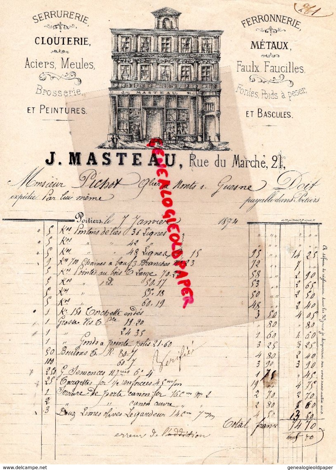 86- POITIERS- BELLE FACTURE J. MASTEAU -SERRURERIE CLOUTERIE-FERRONNERIE-21 RUE DU MARCHE- 1894 - 1800 – 1899