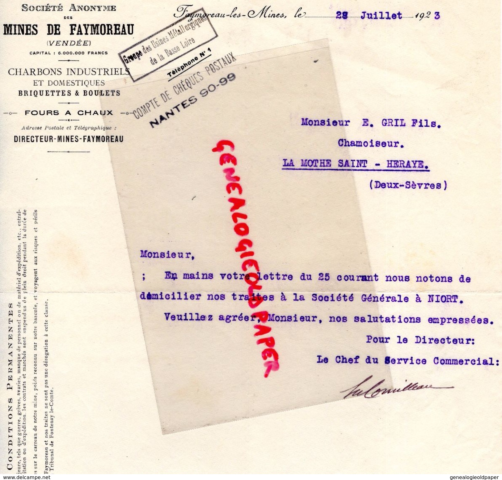 85-FAYMOREAU LES MINES- LETTRE FOURS A CHAUX- CHARBONS 1923 - Artesanos