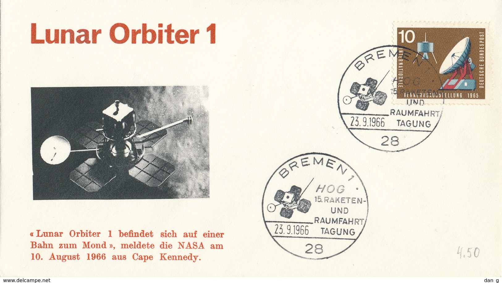 Space Cosmos Germany 23.9.1966 USA Lunar Orbiter Mission Cover Bremen HOG - Europa