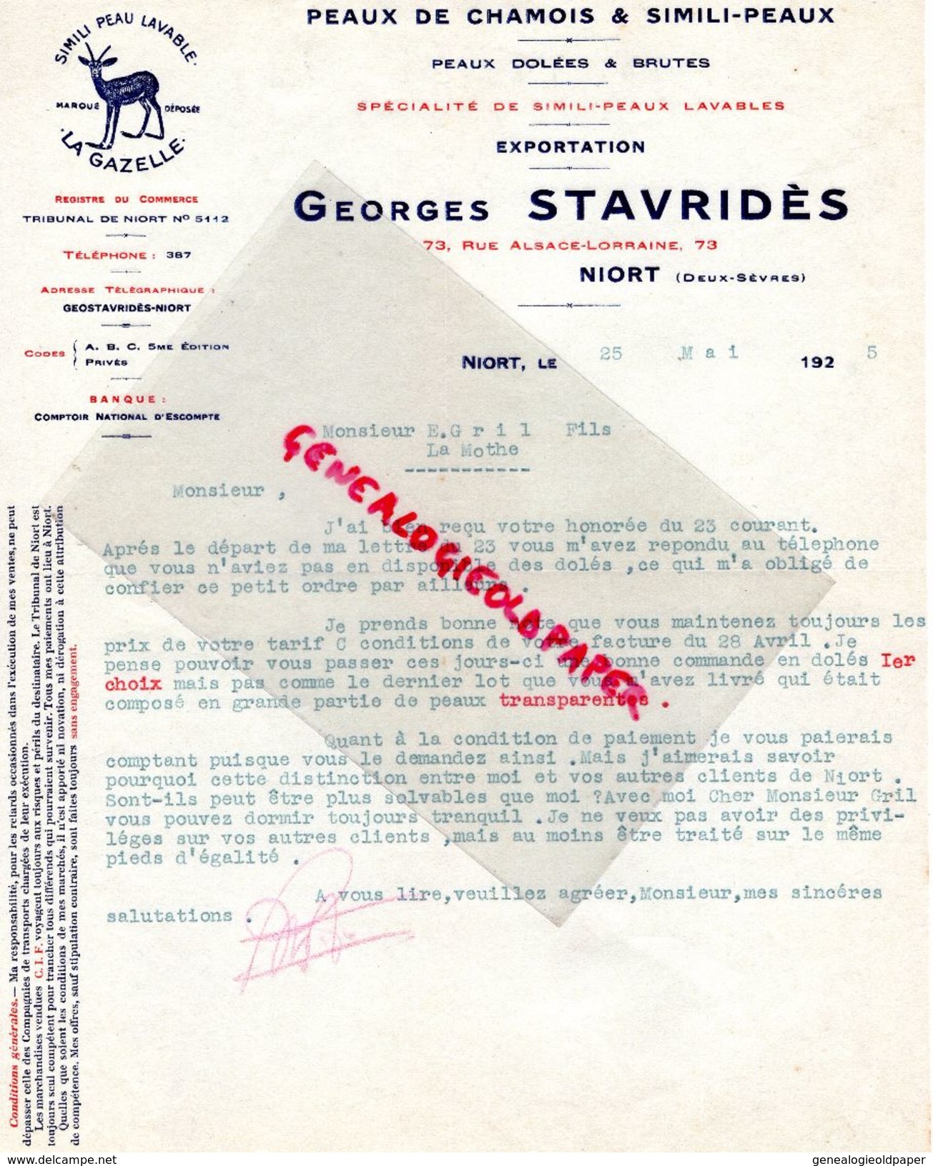 79 - NIORT- RARE LETTRE GEORGES STAVRIDES- PEAUX CHAMOIS-PEAU DOLEES-LA GAZELLE-GANTERIE MEGISSERIE- RUE ALSACE LORRAINE - Straßenhandel Und Kleingewerbe