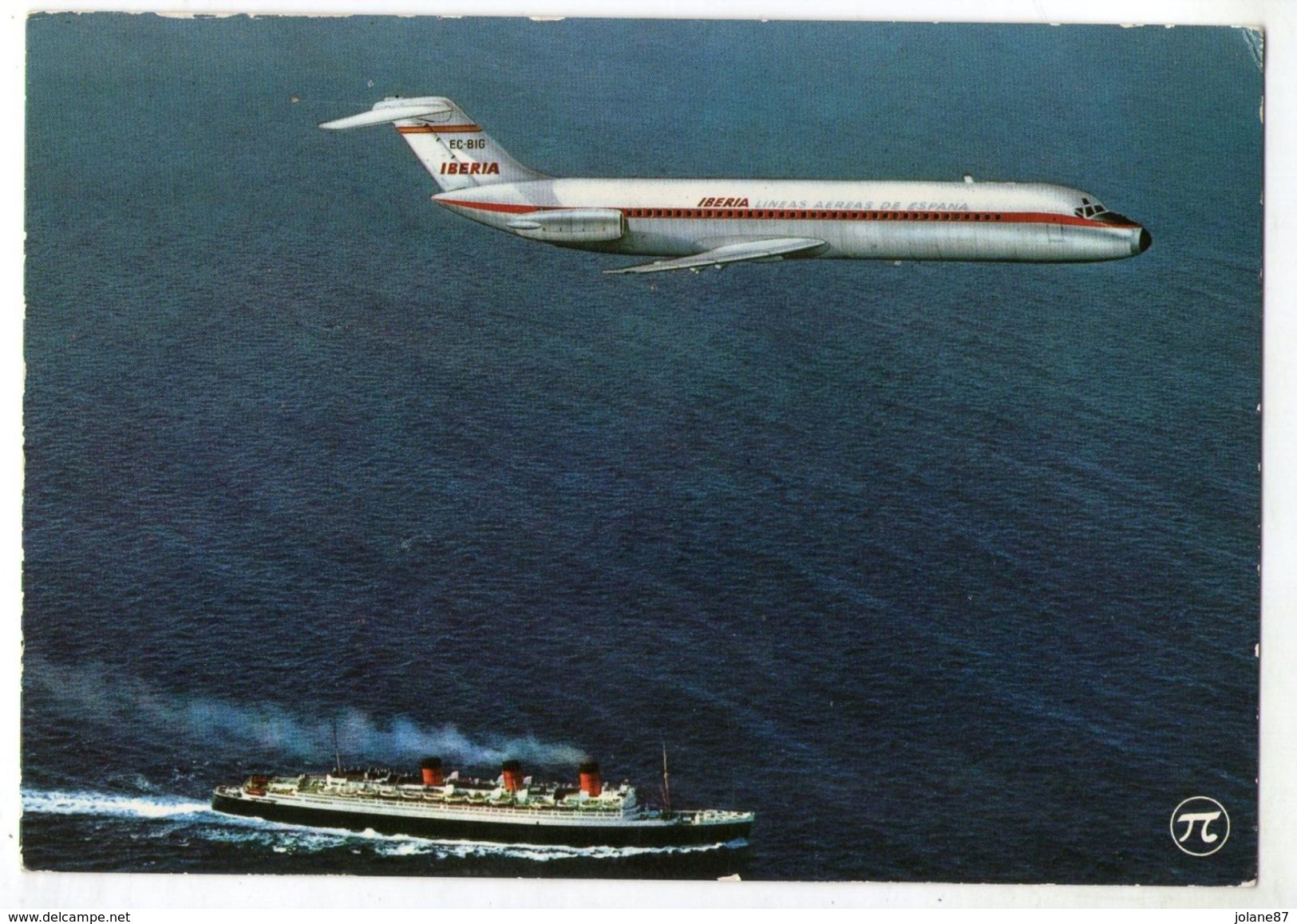 CPM    AVION   DC 9    COMPAGNIE IBERIA    EC BIG       AU DESSUS D UN PAQUEBOT - 1946-....: Moderne