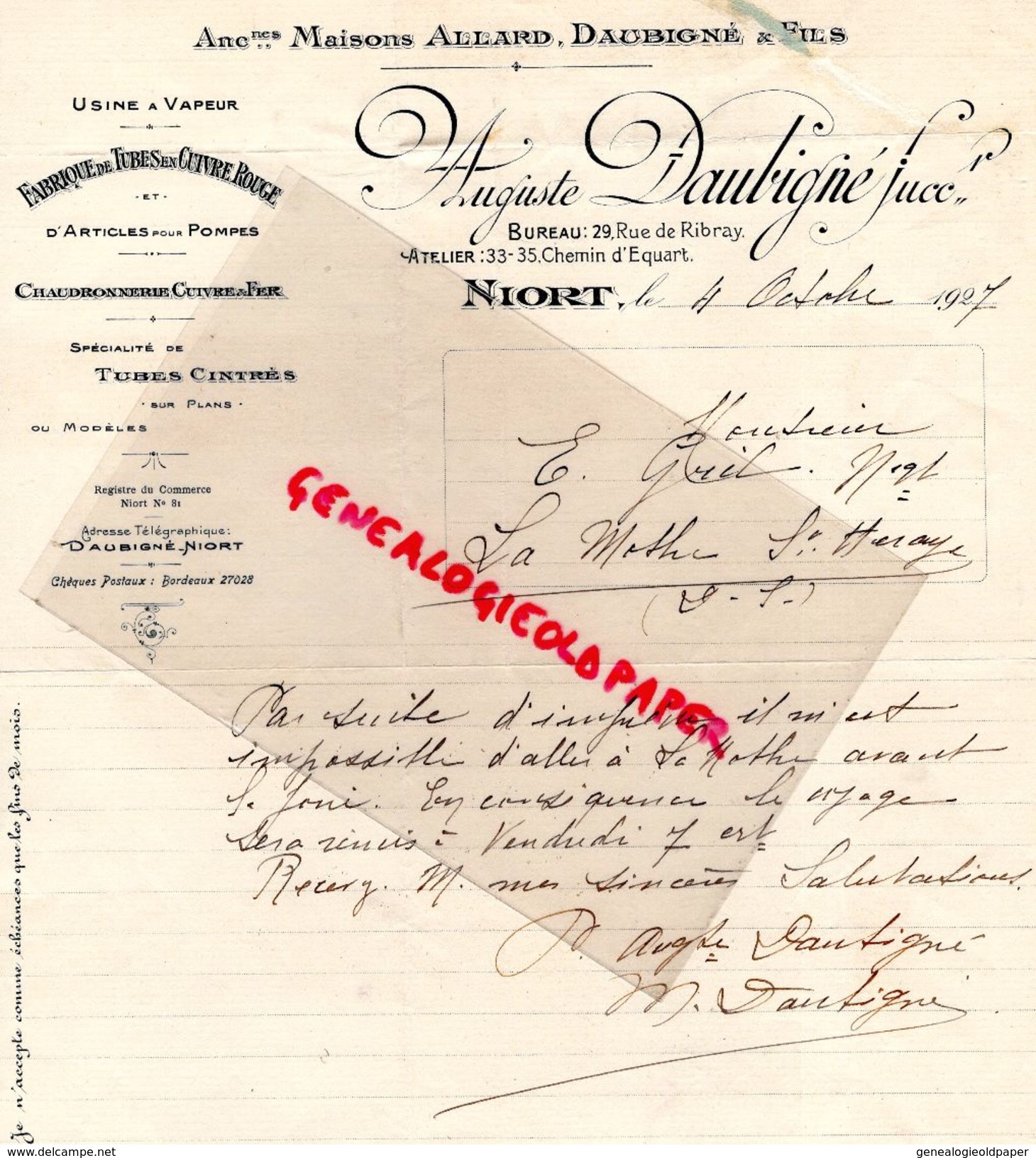 79 - NIORT- RARE LETTRE MANUSCRITE SIGNEE AUGUSTE DAUBIGNE-ALLARD- FABRIQUE TUBES EN CUIVRE ROUGE- CHAUDRONNERIE-1927 - Old Professions