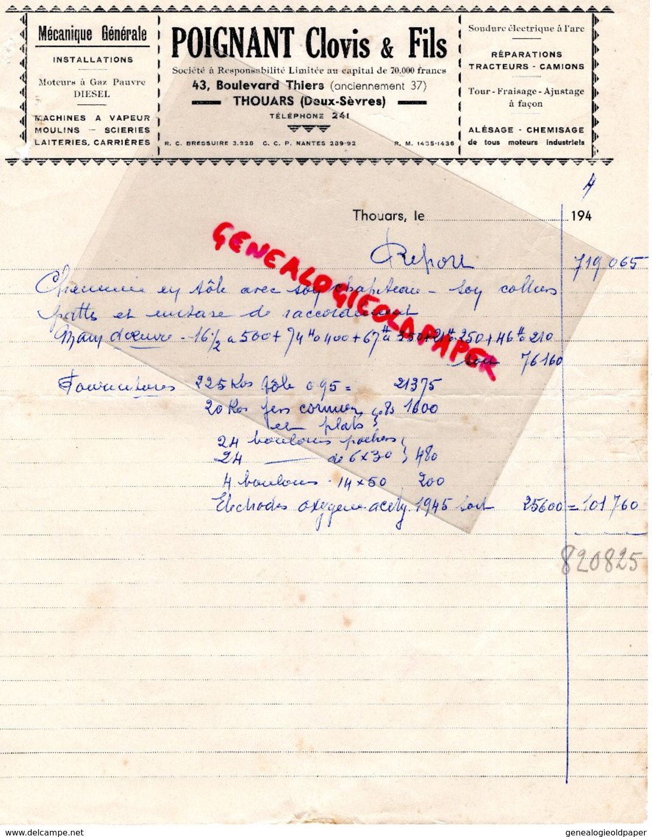 79 - THOUARS-FACTURE POIGNANT CLOVIS & FILS- MECANIQUE GENERALE-DIESEL-43 BD. THIERS- 1944 - Artesanos