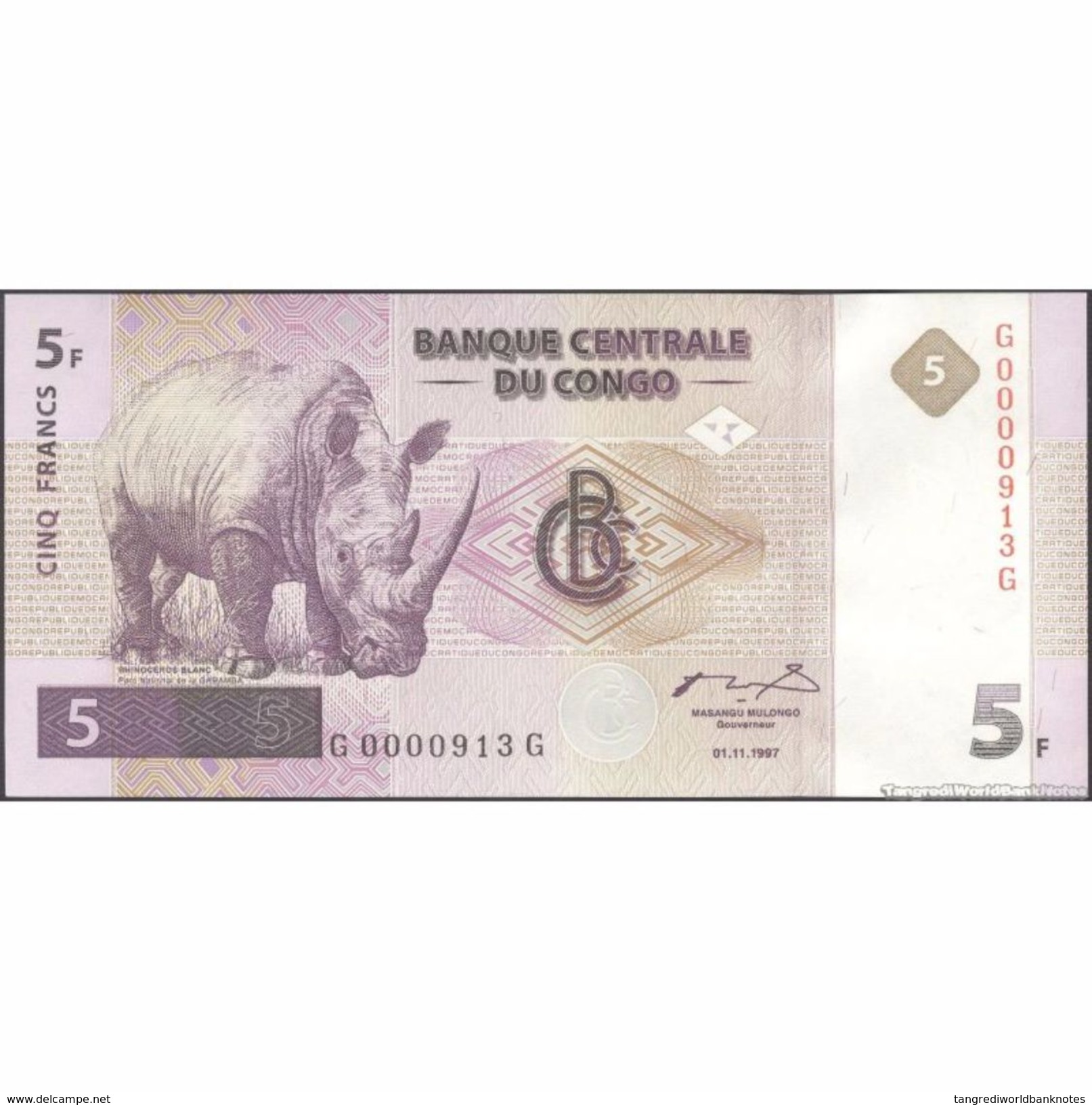 TWN - CONGO DEM. REP. 86A - 5 Francs 1.11.1997 Very Low Serial G 0000XXX G (HdM) UNC - Repubblica Democratica Del Congo & Zaire