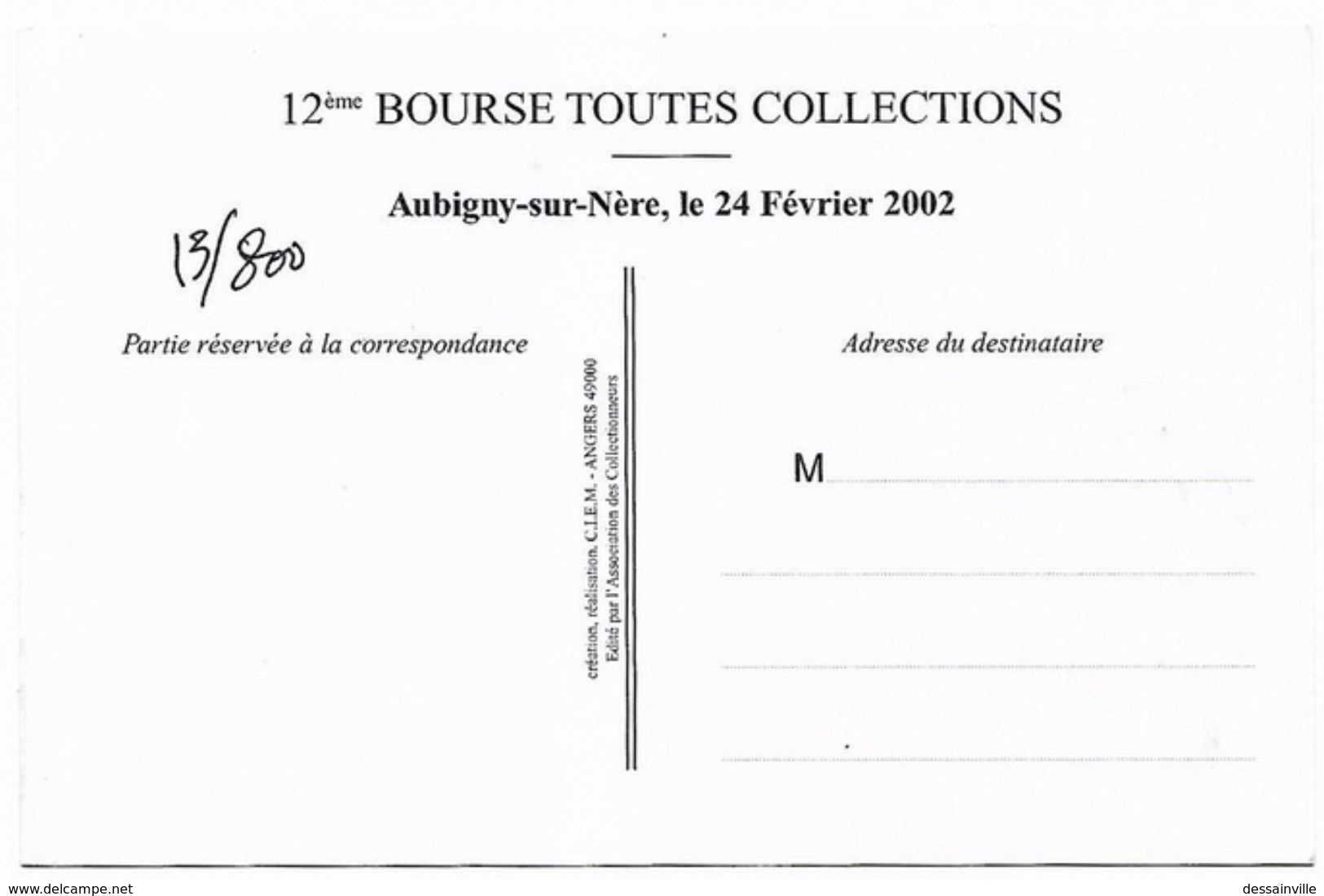 CHER - AUBIGNY - 12 ème Bourse TOUTES COLLECTIONS 2002 - 13/800 Ex. - Bourses & Salons De Collections