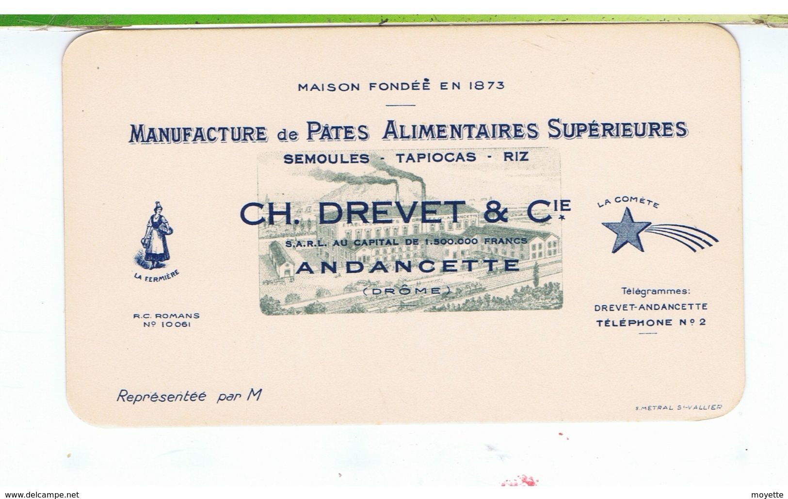 CPA-PETITE CARTE PUB DE REPRÉSENTANT-ETABLISSEMENT CH.DREVET & Cie-PÂTES ALIMENTAIRES-ANDANCETTE-80 Mm X 140 Mm-4 - Pubblicitari