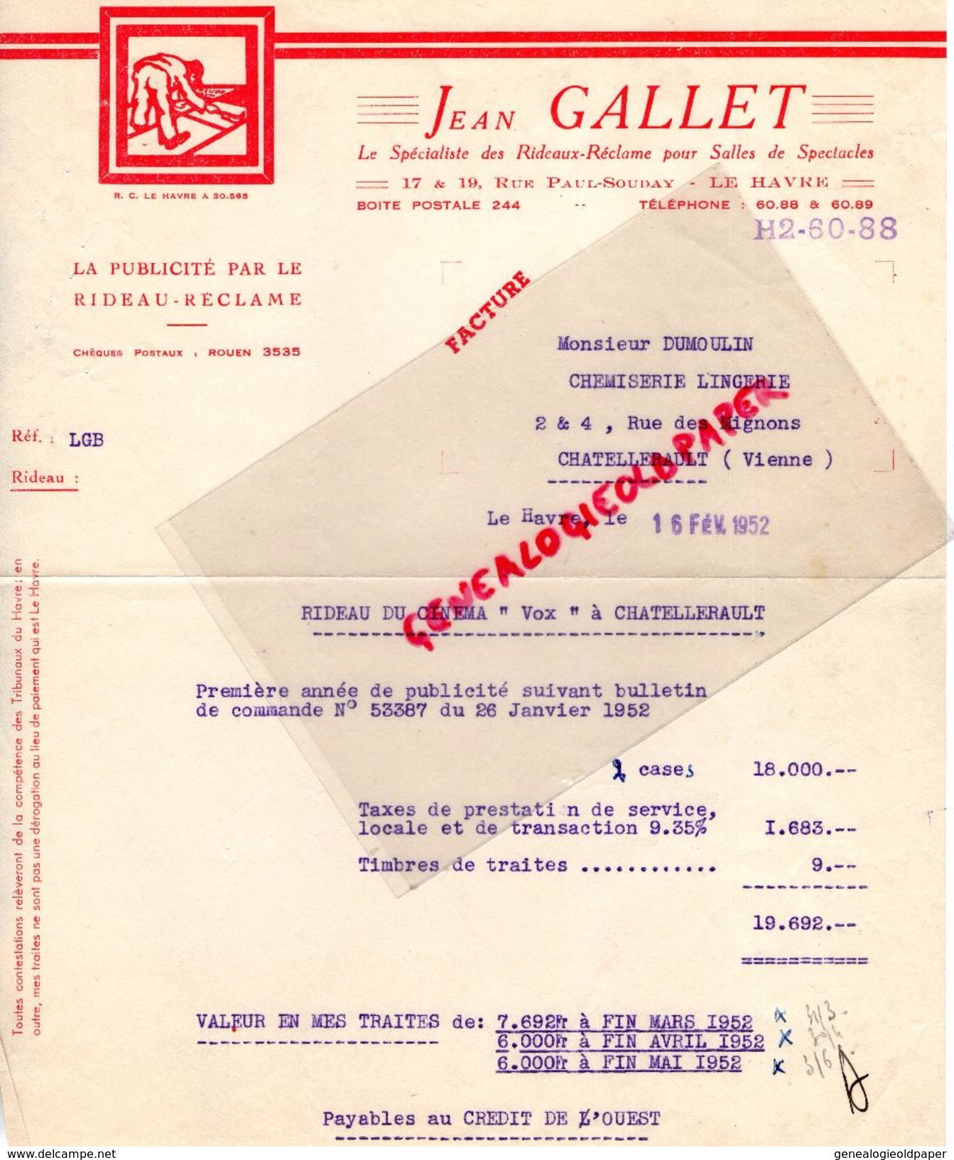 76- LE HAVRE- FACTURE JEAN GALLET- LA PUBLICITE PAR LE RIDEAU RECLAME-17 RUE PAUL SOUDAY-SALLE CINEMA-1952- DUMOULIN  86 - Old Professions