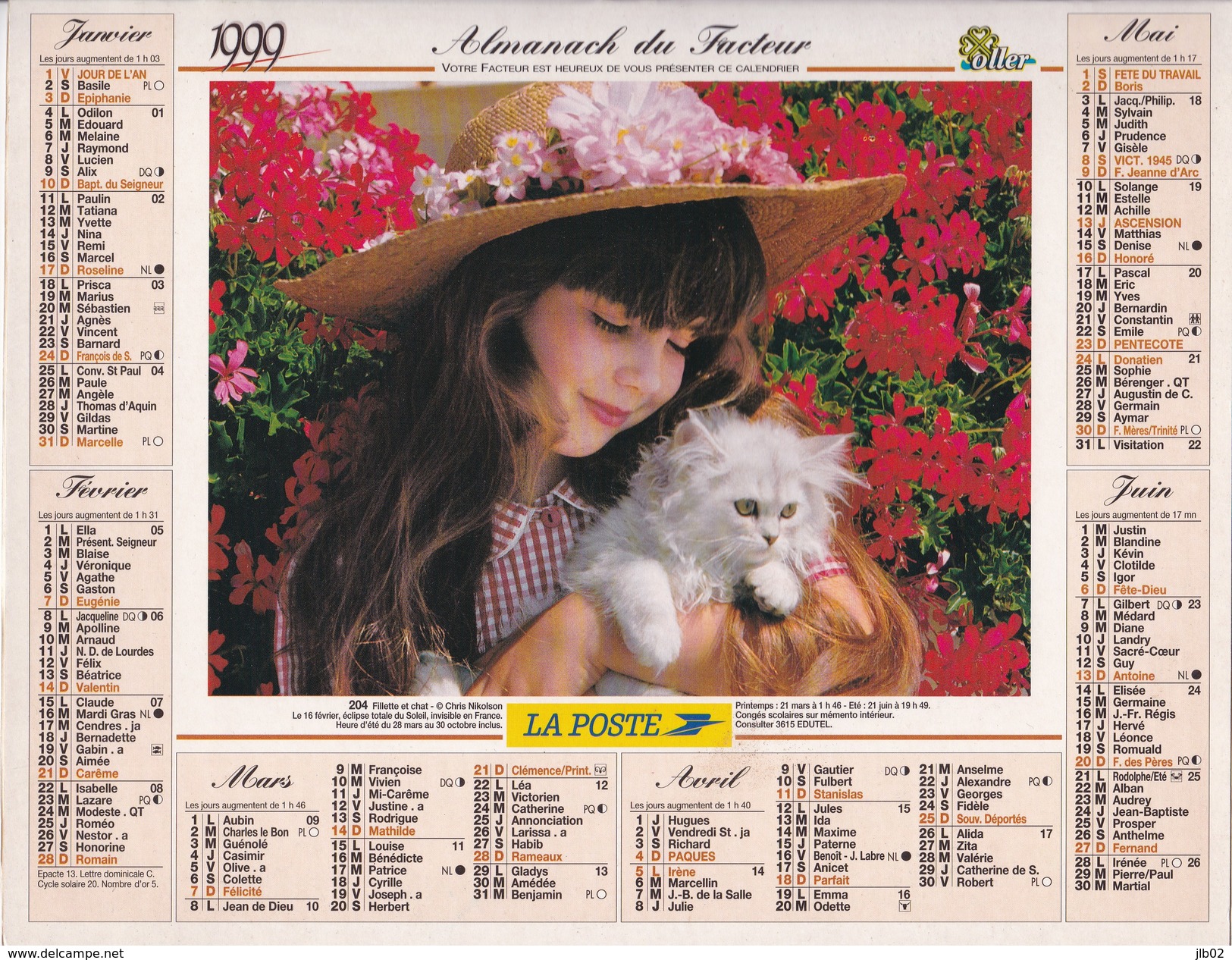 Almanach Du Facteur OLLER  Calendrier  LA POSTE 1999  60 OISE - Grand Format : 1991-00