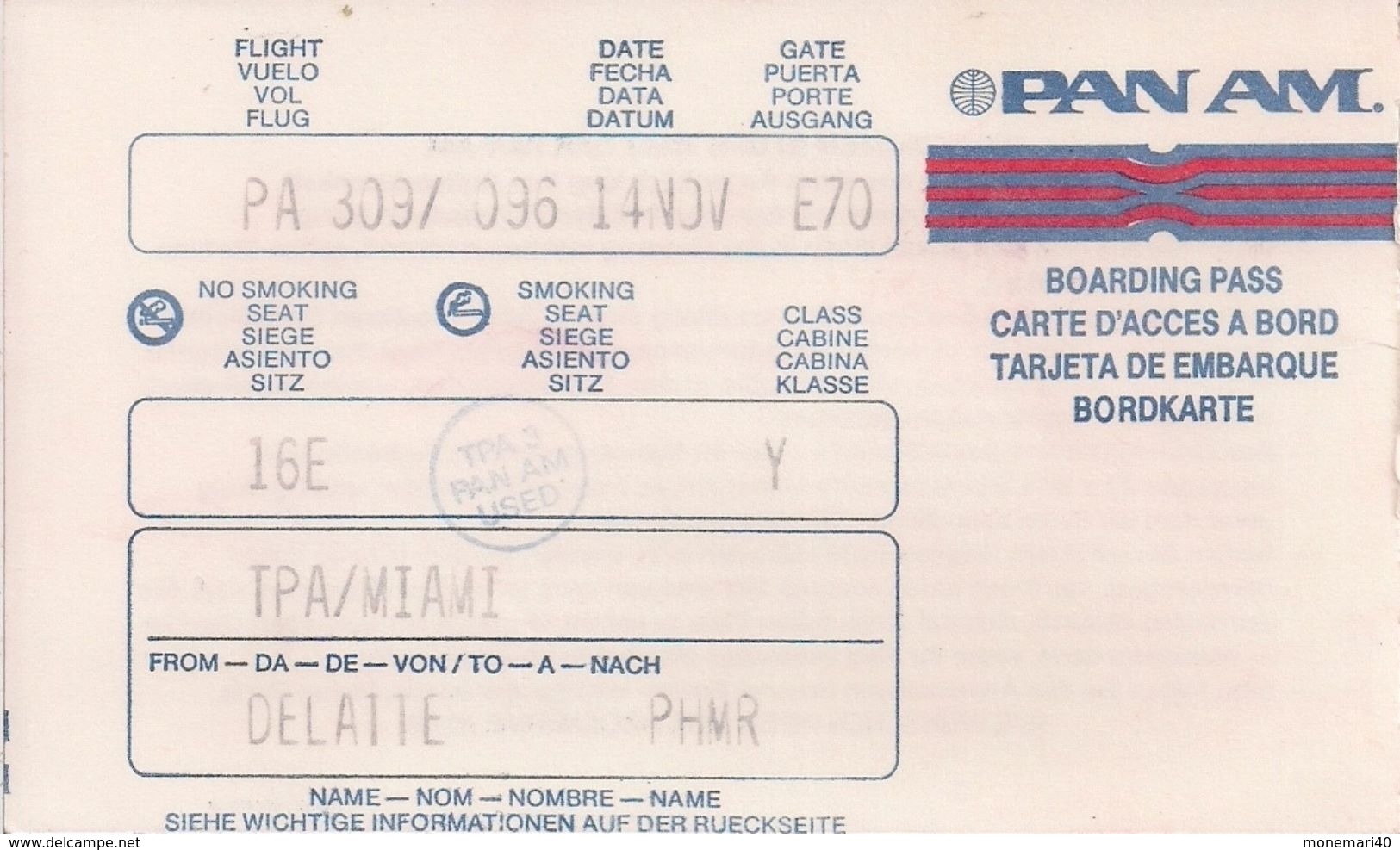 PAN AM - TEMPA-MIAMI - CARTE D'ACCES A BORD - 1. - Monde