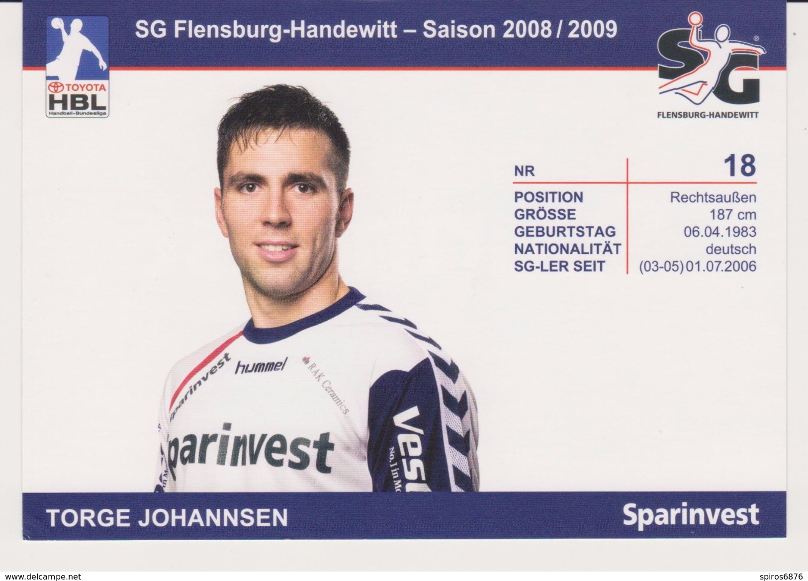 Original Handball Card TORGE JOHANNSEN - Team SG FLENSBURG HANDEWITT Germany - Bundesliga 2008 / 2009 - Pallamano