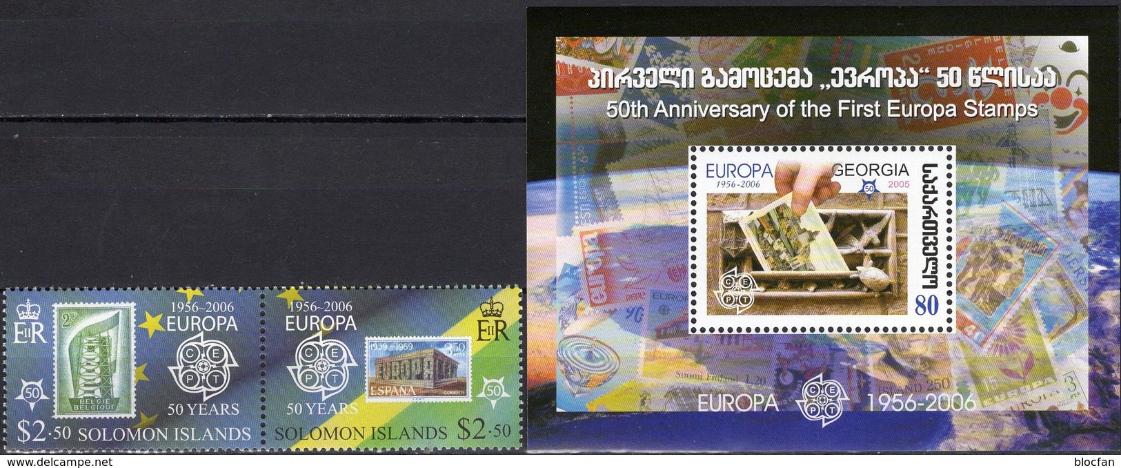CEPT 1956-2006 Salomon 1224/5 ZD, Georgia Bl.36 ** 10€ Belgica 1043 E 1808 Hb Bloc S/s Se-tenant Bf Stamp On Stamps - Solomon Islands (1978-...)