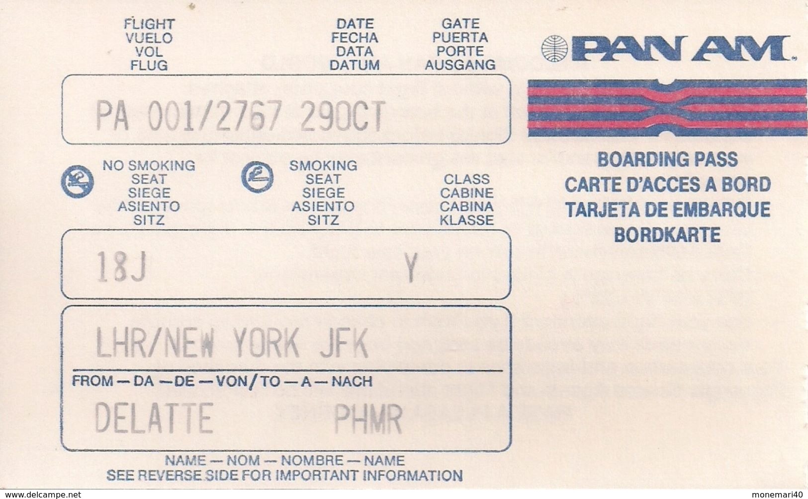 PAN AM - LONDON-NEW YORK  - CARTE D'ACCES A BORD - PHILIPPE - 3. - Welt