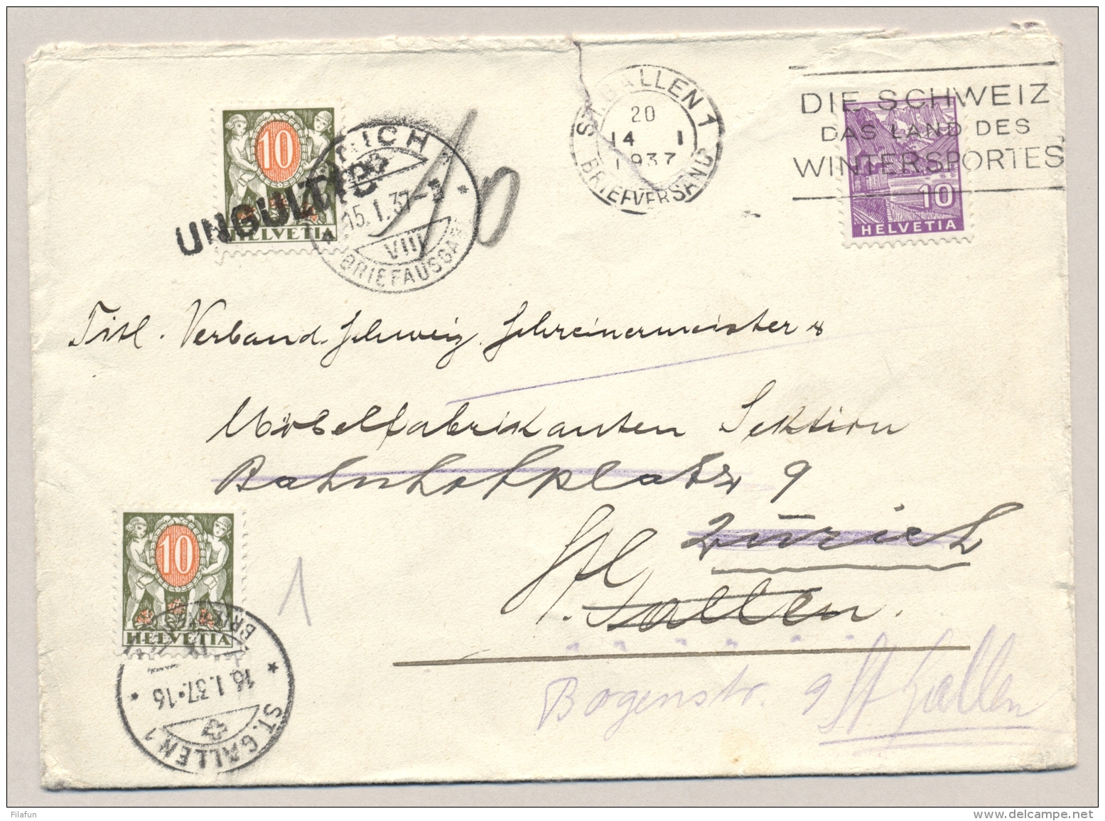 Schweiz - 1937 - 10 Porto UNGULTIG &amp; 10 C Porto On Cover St Gallen - Zürich Vv - Segnatasse