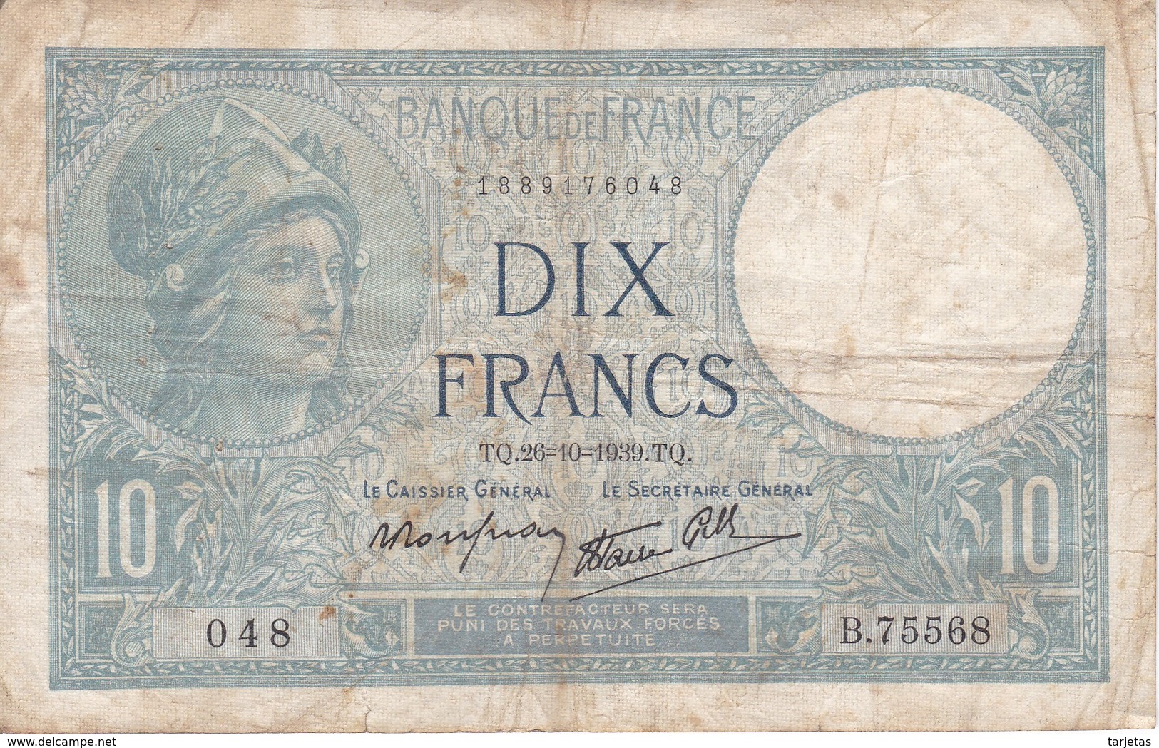 BILLETE DE FRANCIA DE 10 FRANCOS DEL 26-10-1939  (BANKNOTE) MINERVE - 10 F 1916-1942 ''Minerve''