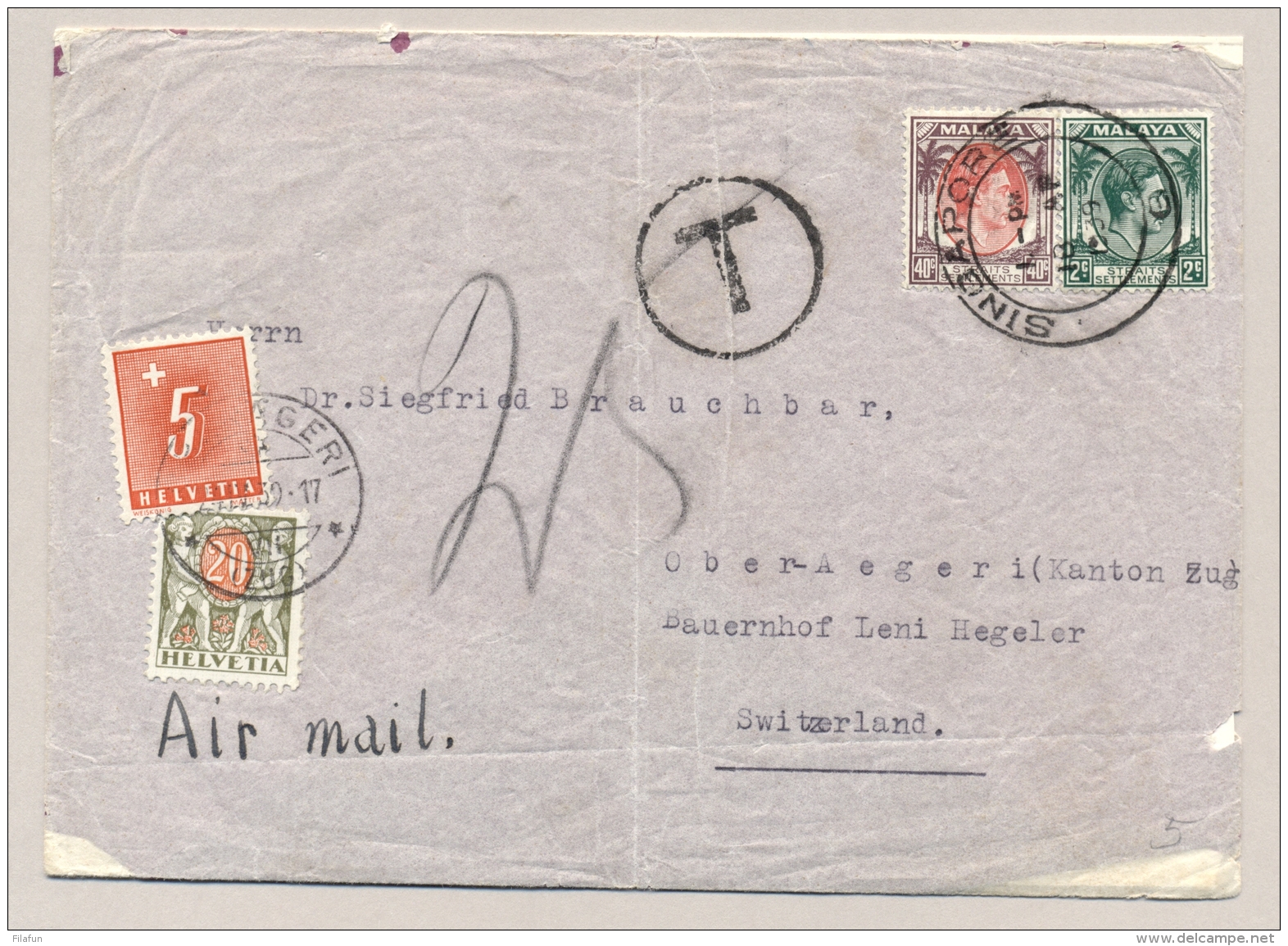 Schweiz - 1939 - 5c + 20c Mixed Porto Franking On Incoming Taxed Cover From Malaya / Singapore - Strafportzegels